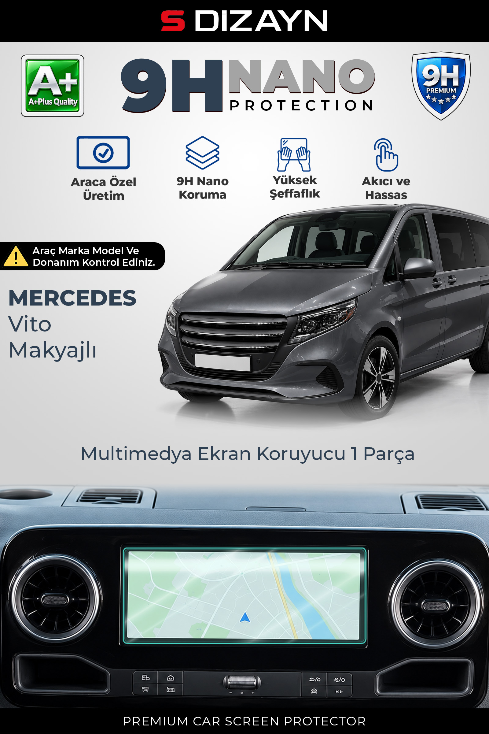 Mercedes Vito Makyajlı 10.25 İnç 9H Nano Multimedya Ekran Koruyucu (PARLAK) 2024 Üzeri 1