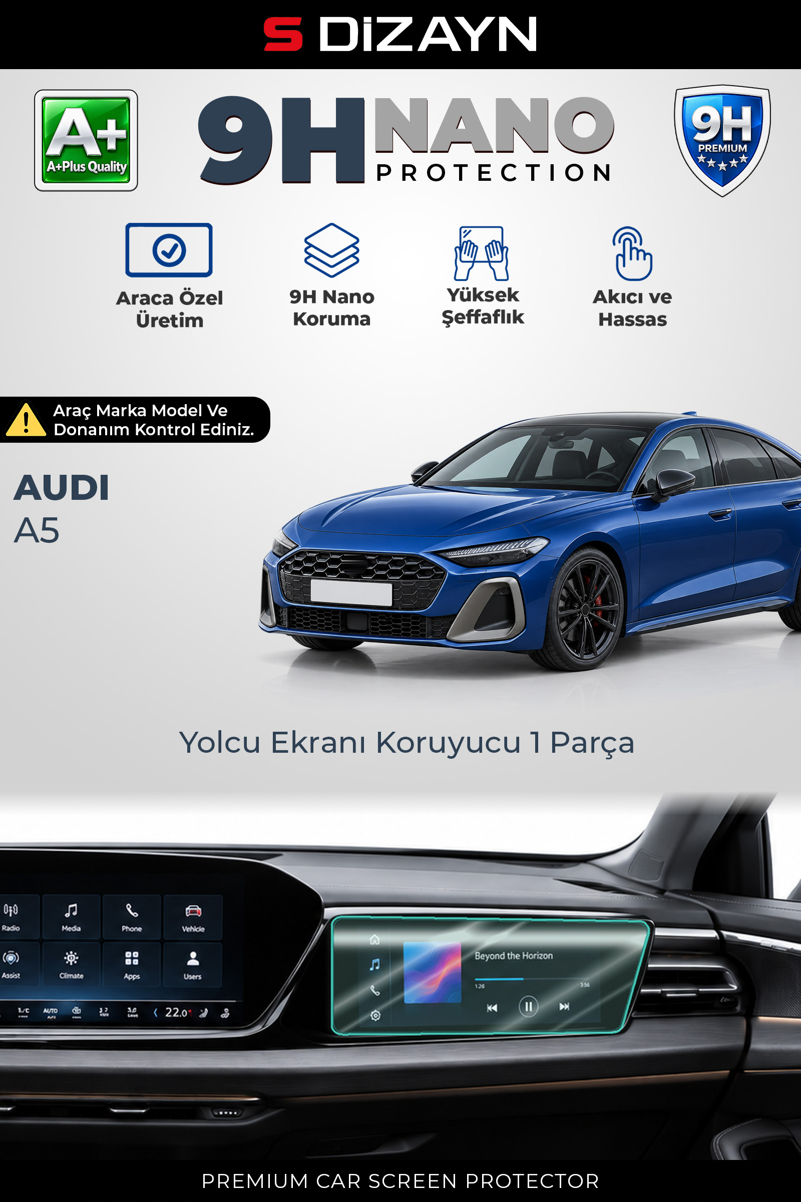 S-Dizayn Audi A5 10.9 İnç 9H Nano Yolcu Ekranı Koruyucu (PARLAK) 2024 Üzeri A+ Kalite 1