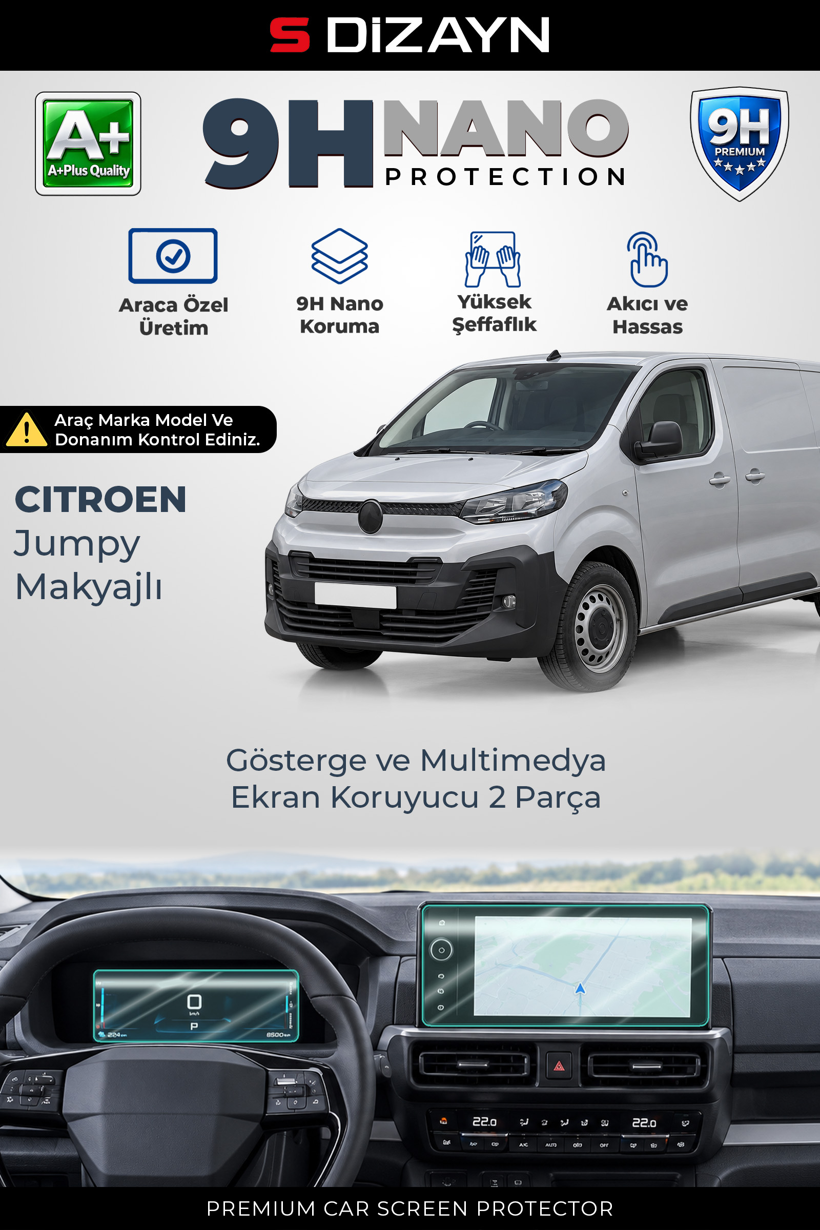 Citroen Jumpy Makyajlı 9H Nano Gösterge ve Multimedya Ekran Koruyucu 2'Li Set (PARLAK) 2024 Üzeri 1
