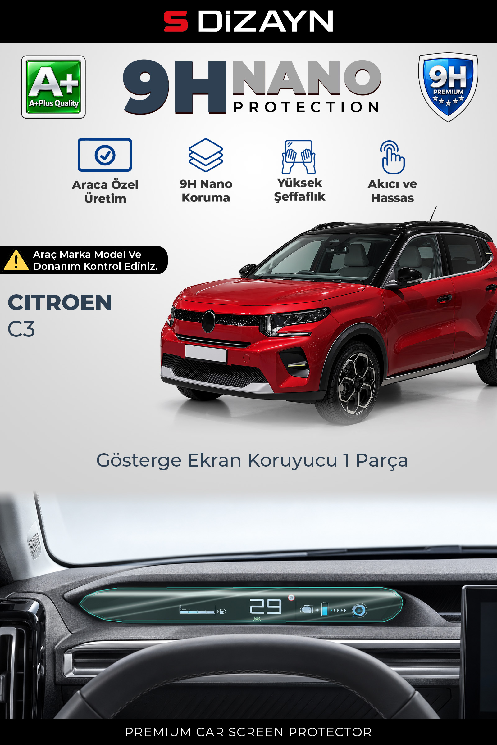 Citroen C3 7 İnç 9H Nano Gösterge Ekran Koruyucu (PARLAK) 2024 Üzeri