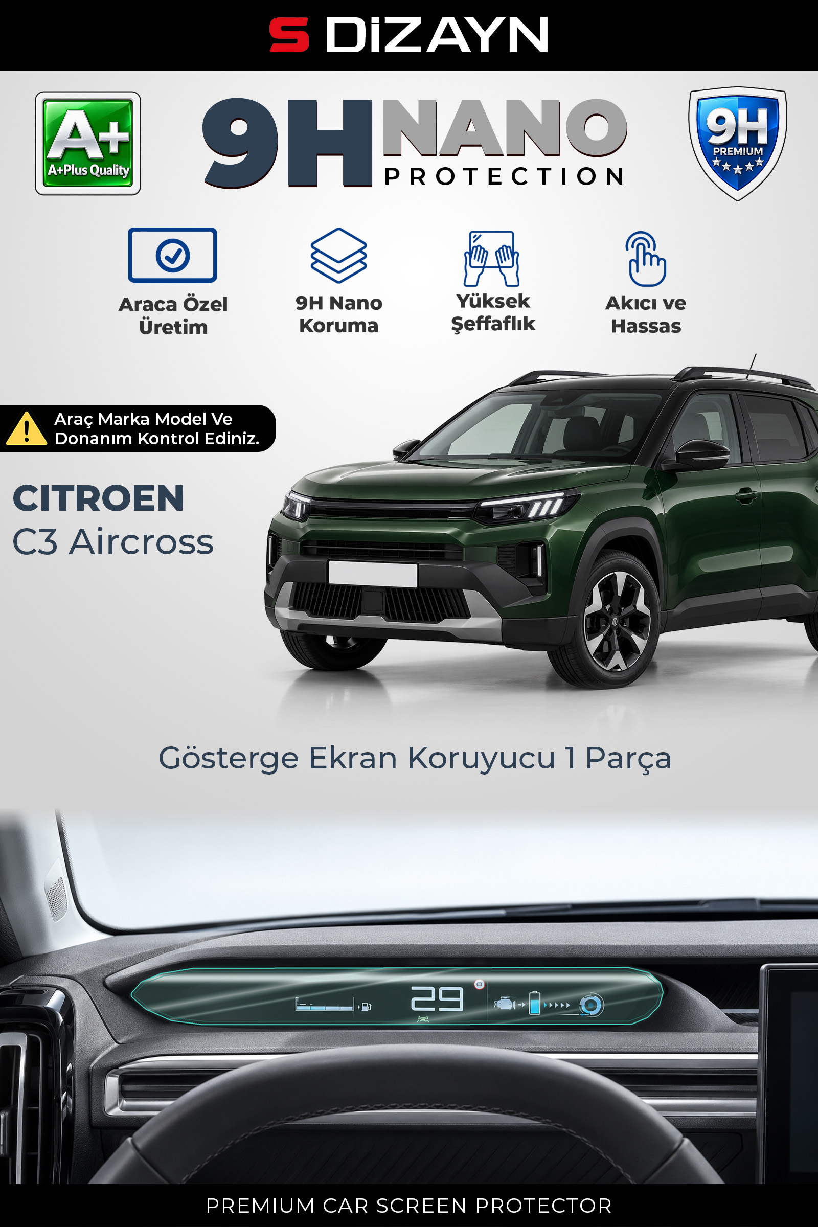 Citroen C3 Aircross 7 İnç 9H Nano Gösterge Ekran Koruyucu (PARLAK) 2025 Üzeri 1