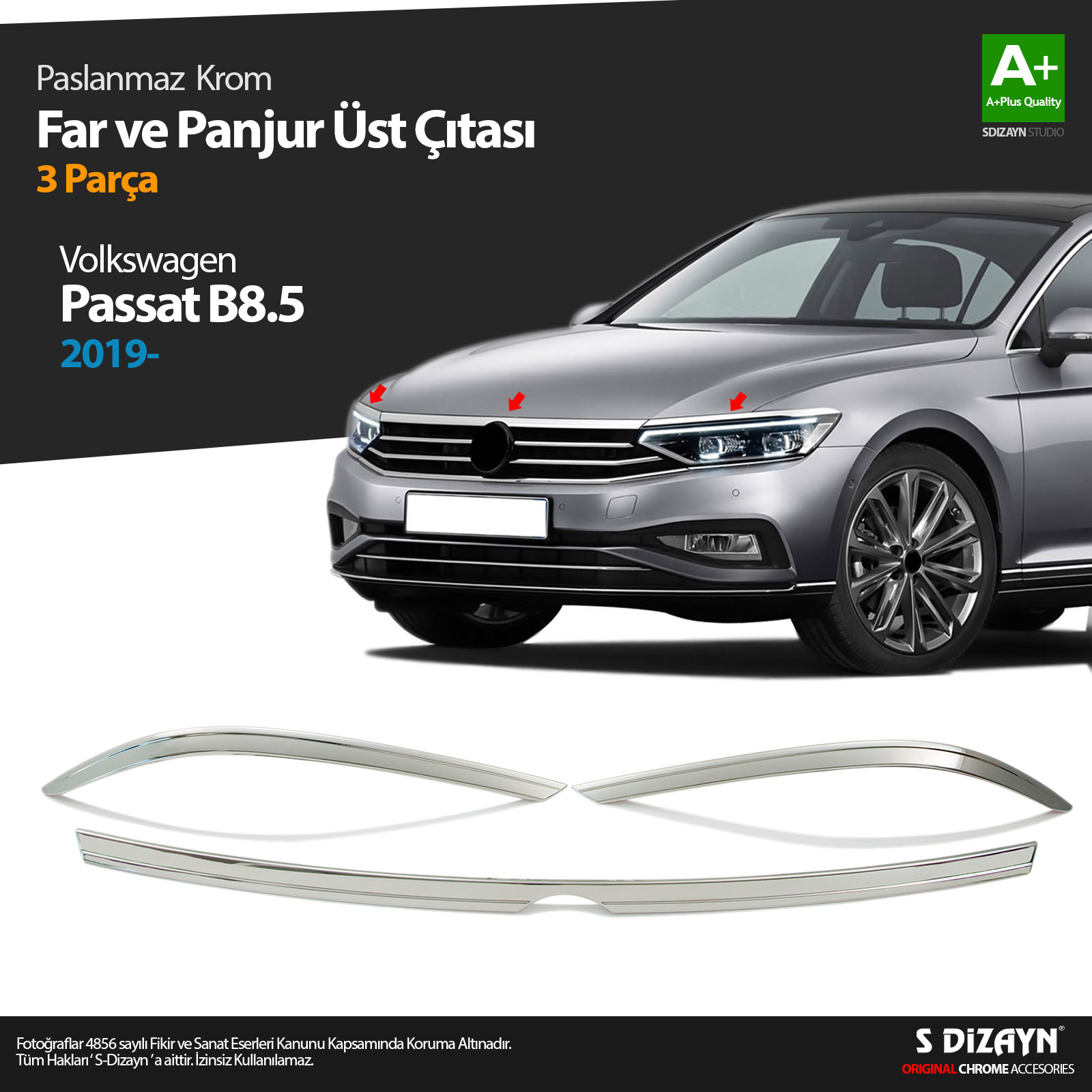 S-Dizayn VW Passat B8.5 Krom Far Üzeri Çıta Seti 3 Parça 2019 ve Üzeri S-Dizayn