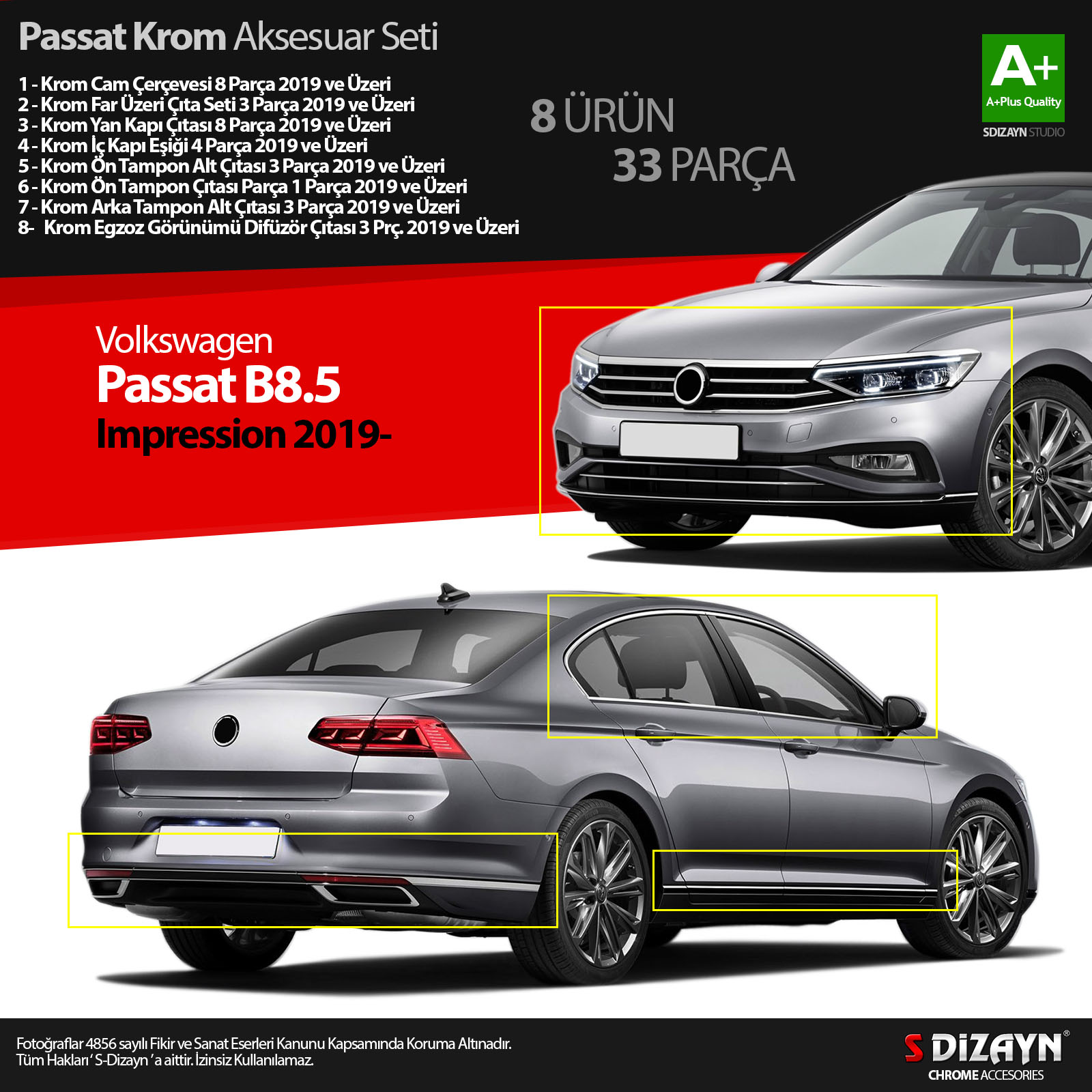 S-Dizayn VW Passat B8.5 Impression Krom Aksesuar Seti 33 Parça S Dizayn A+Kalite