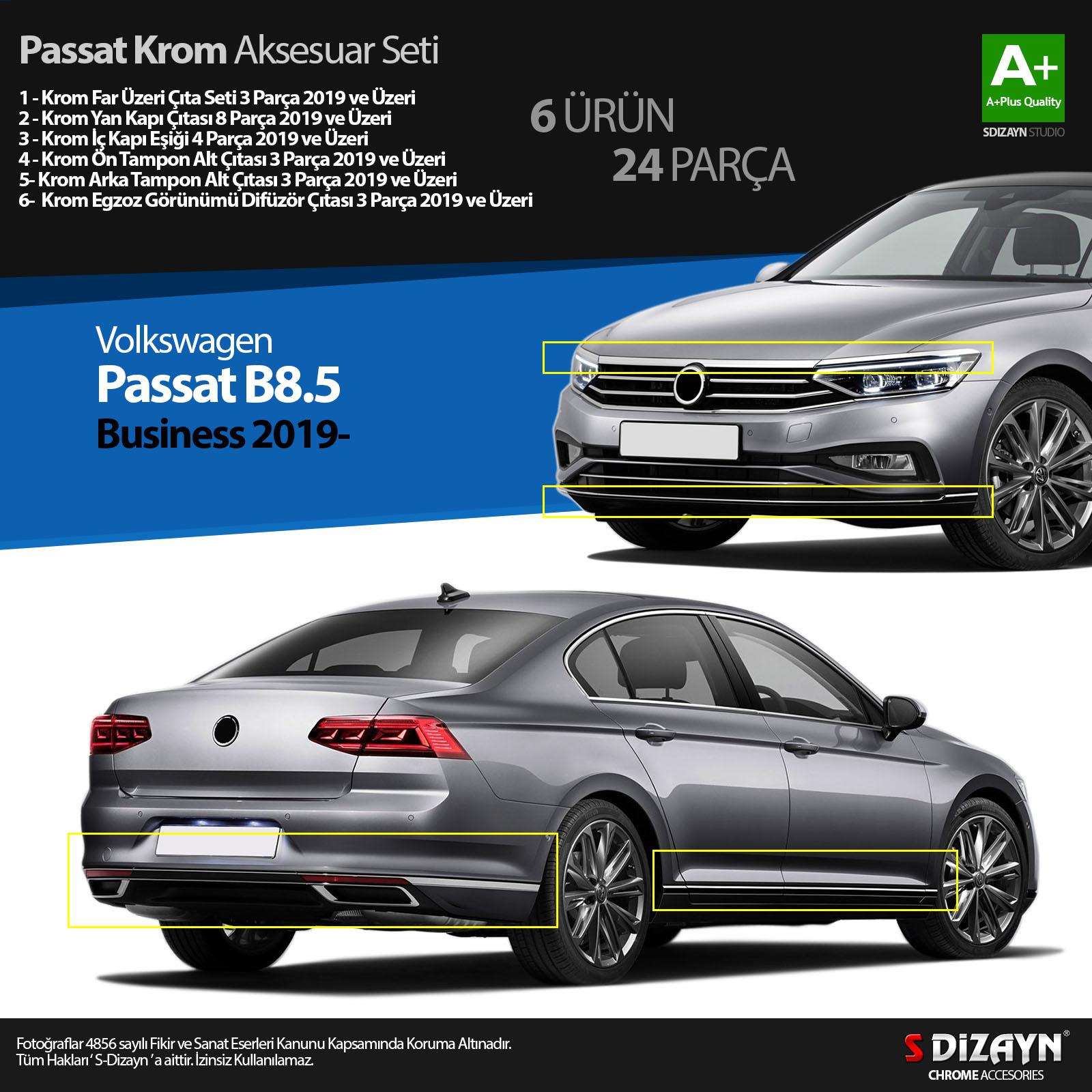 S-Dizayn VW Passat B8.5 Business Krom Aksesuar Seti 24 Parça S Dizayn A+Kalite