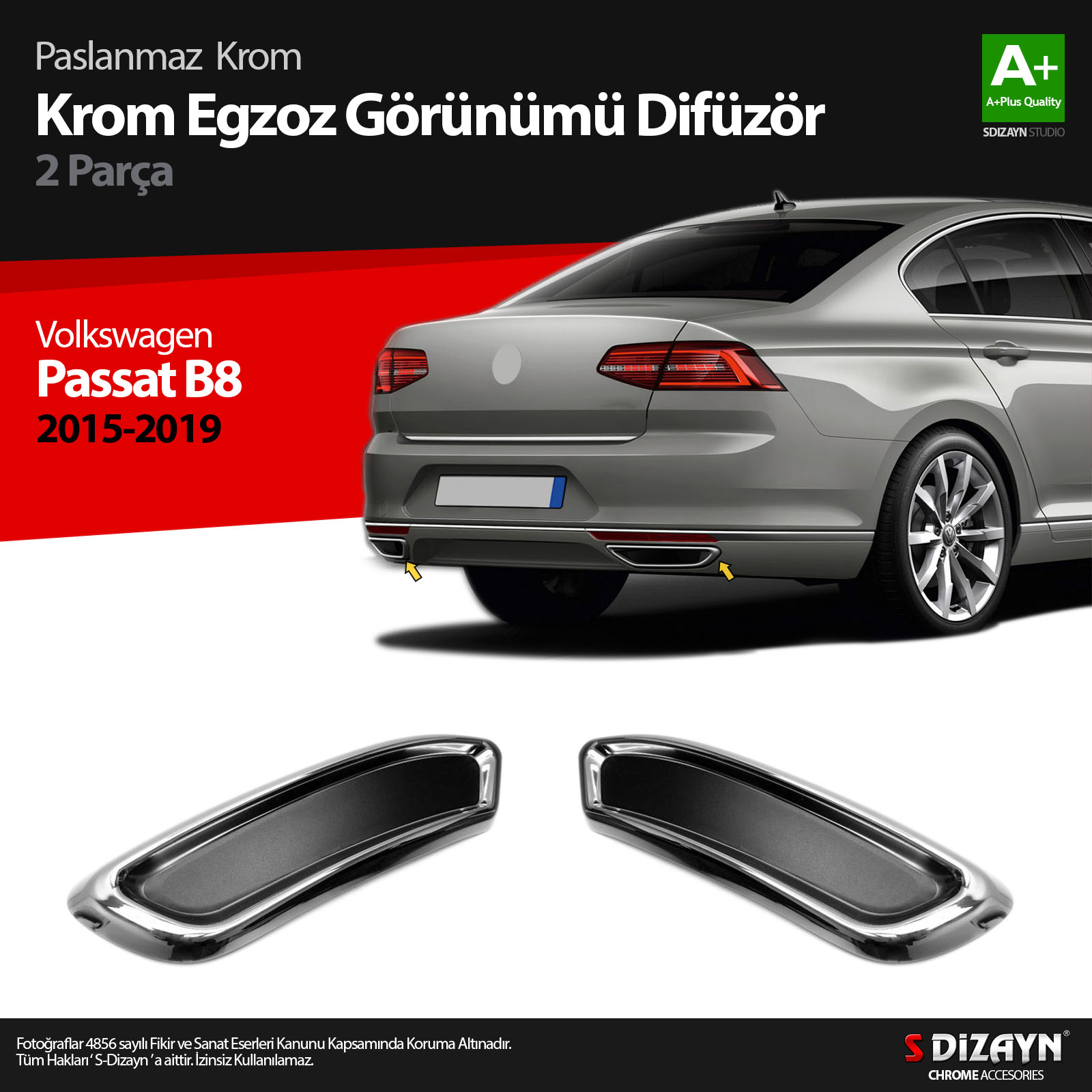 S-Dizayn VW Passat B8 Krom Egzoz Görünümü Difüzör R Line Still 2 Parça S Dizayn 2015-2019