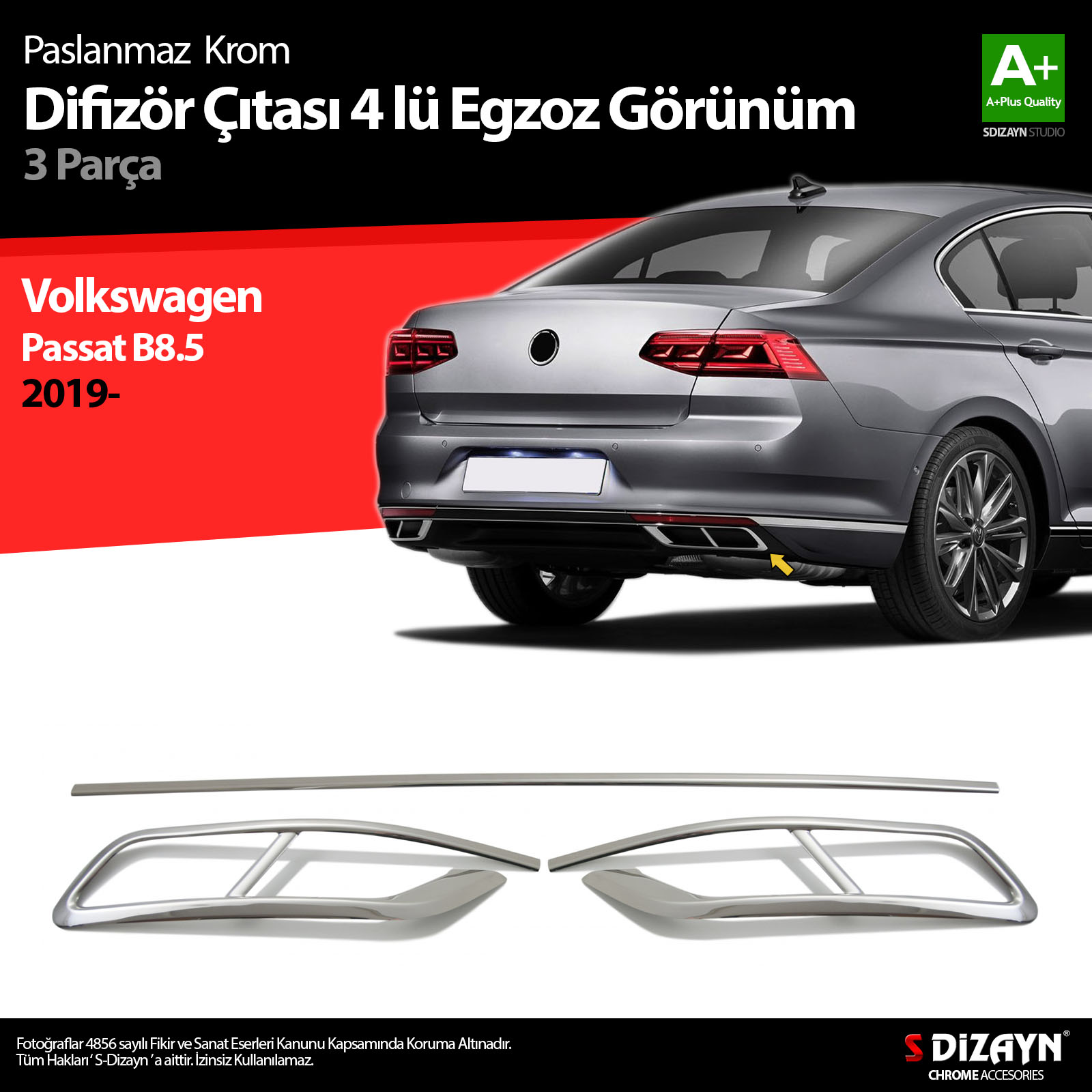 S-Dizayn VW Passat B8.5 Krom Egzoz Görünümü Difüzör 4'lü R Line 3 Parça 2019 ve Üzeri S-Dizayn