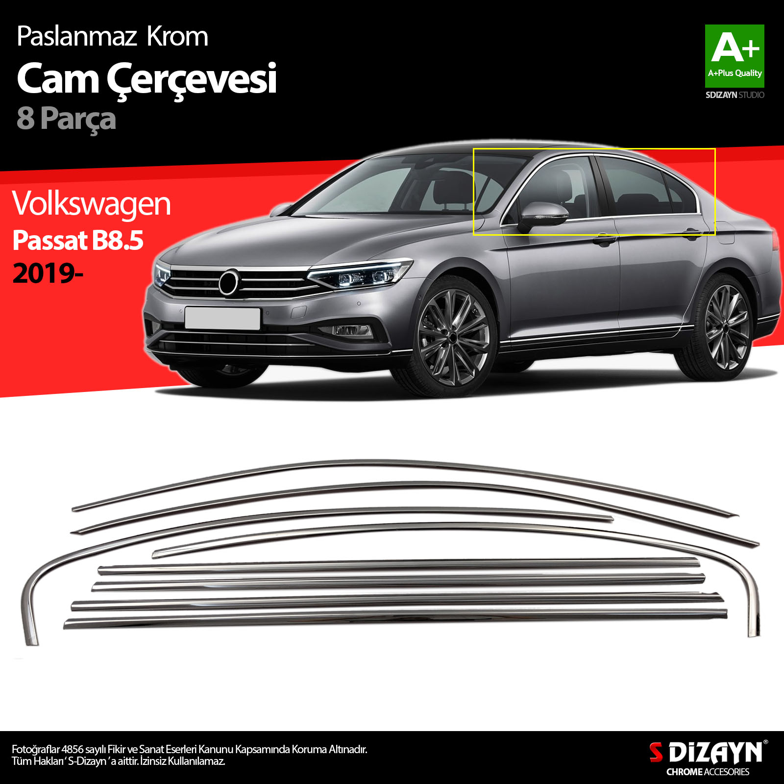 S-Dizayn VW Passat B8.5 Krom Cam Çerçeve 8 Parça 2019 ve Üzeri S-Dizayn