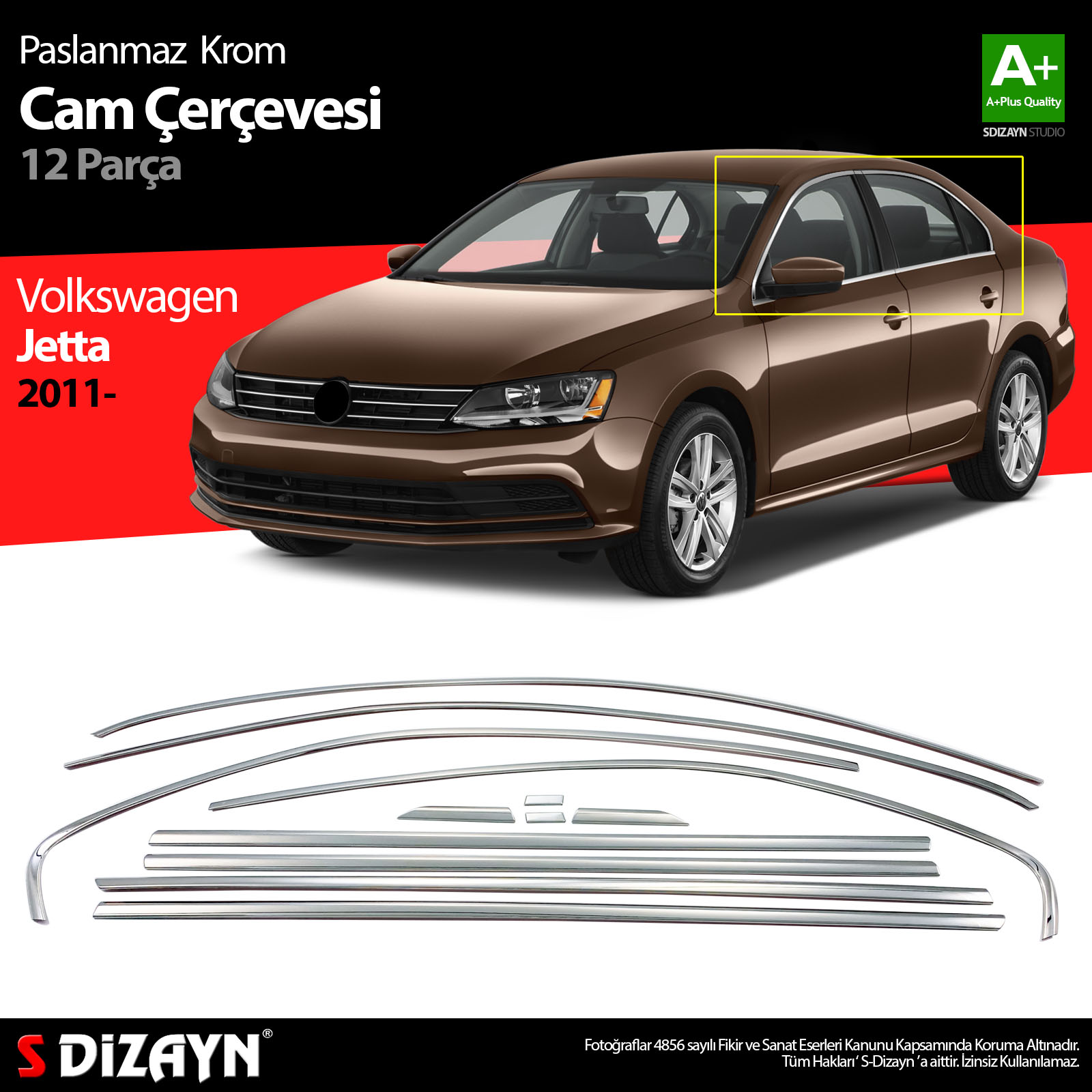 S-Dizayn VW Jetta Krom Cam Çerçeve Seti 12 Prç. 2011 Üzeri