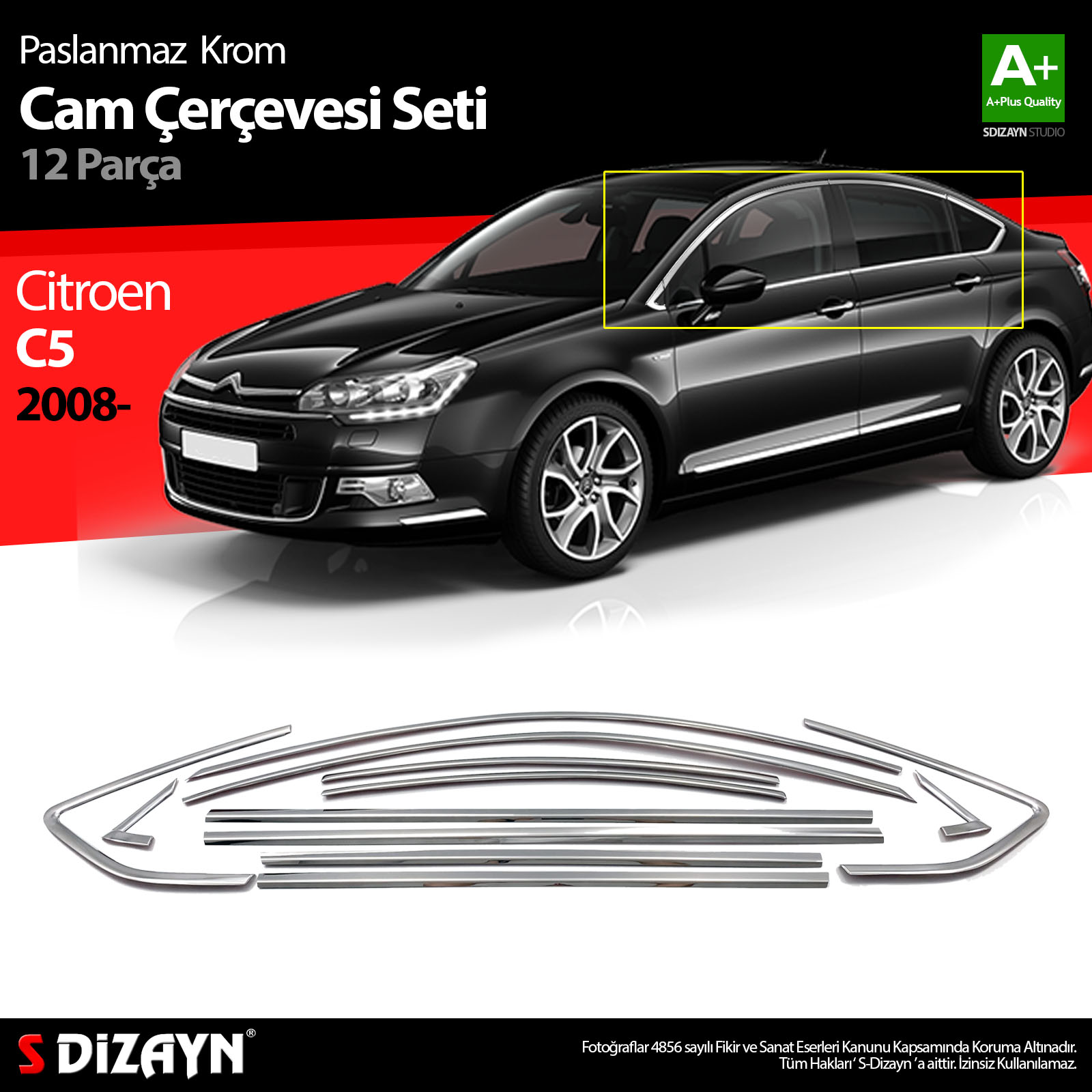 S-Dizayn Citroen C5 Krom Cam Çerçeve Seti 12 Prç 2008-2017 (Bütün-Formlu)