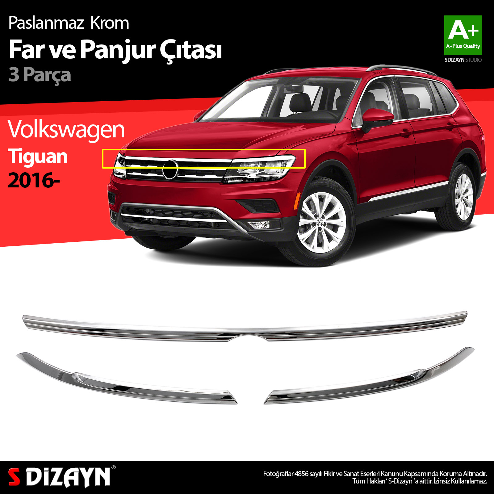 S-Dizayn VW Tiguan Krom Far Üst Çıtası 3 Prç. 2016-2020