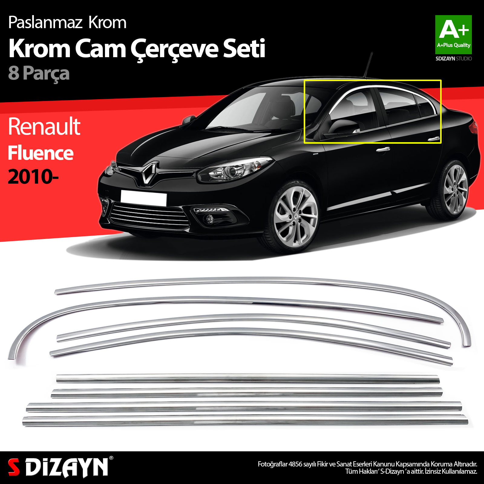 S-Dizayn Renault Fluence Krom Cam Çerçeve Seti 8 Prç 2010 Üzeri