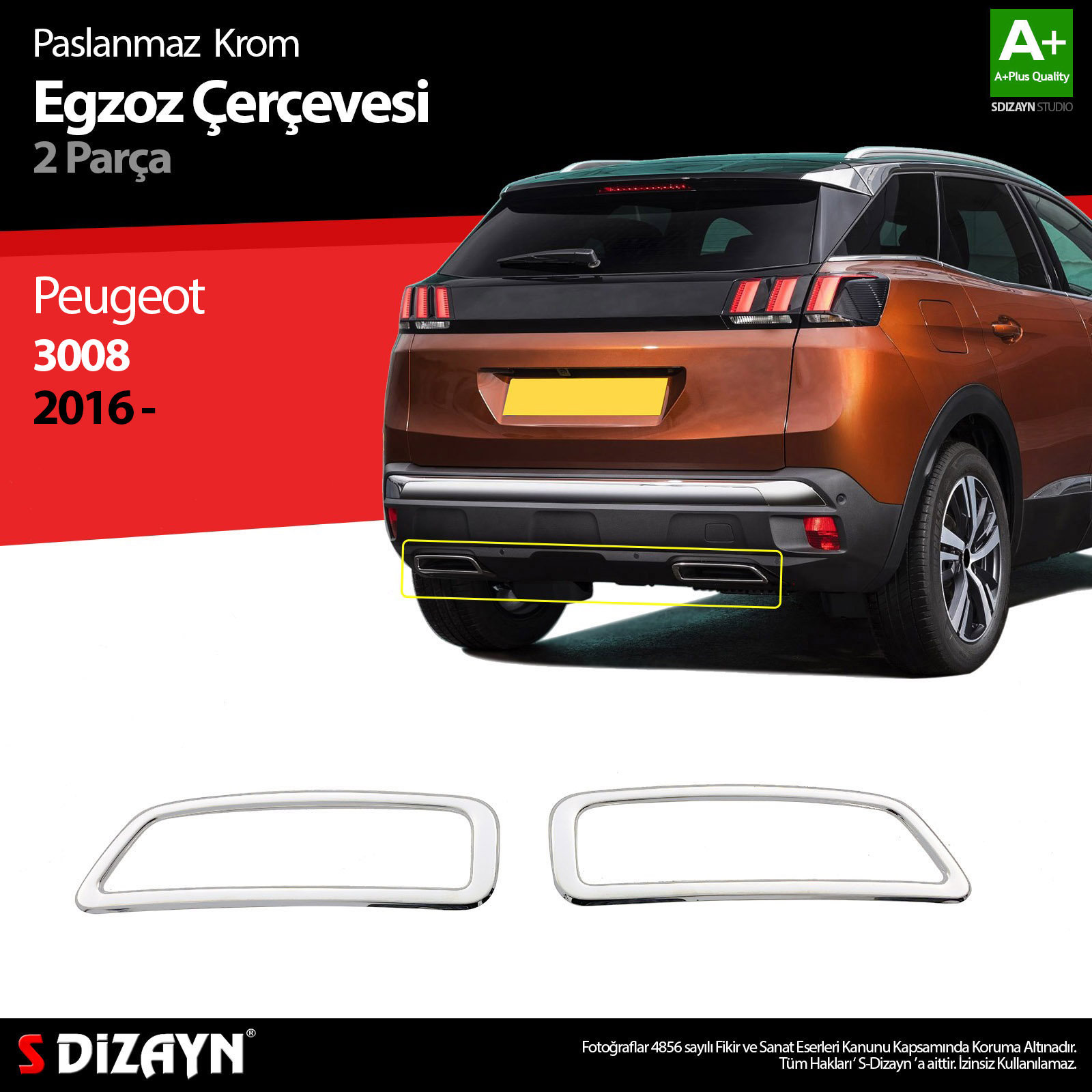 S-Dizayn Peugeot 3008 Krom Egzoz Çıkışı 2 Prç. 2016 Üzeri