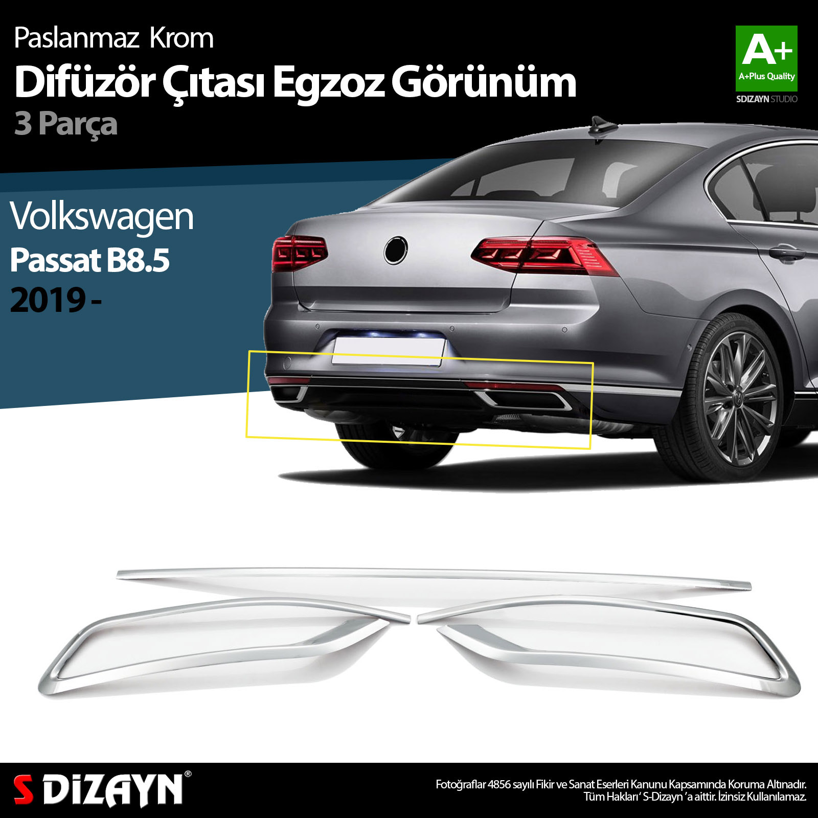 S-Dizayn VW Passat B8.5 Krom Egzoz Görünümü Difüzör Çıtası 3 Parça 2019 ve Üzeri S-Dizayn