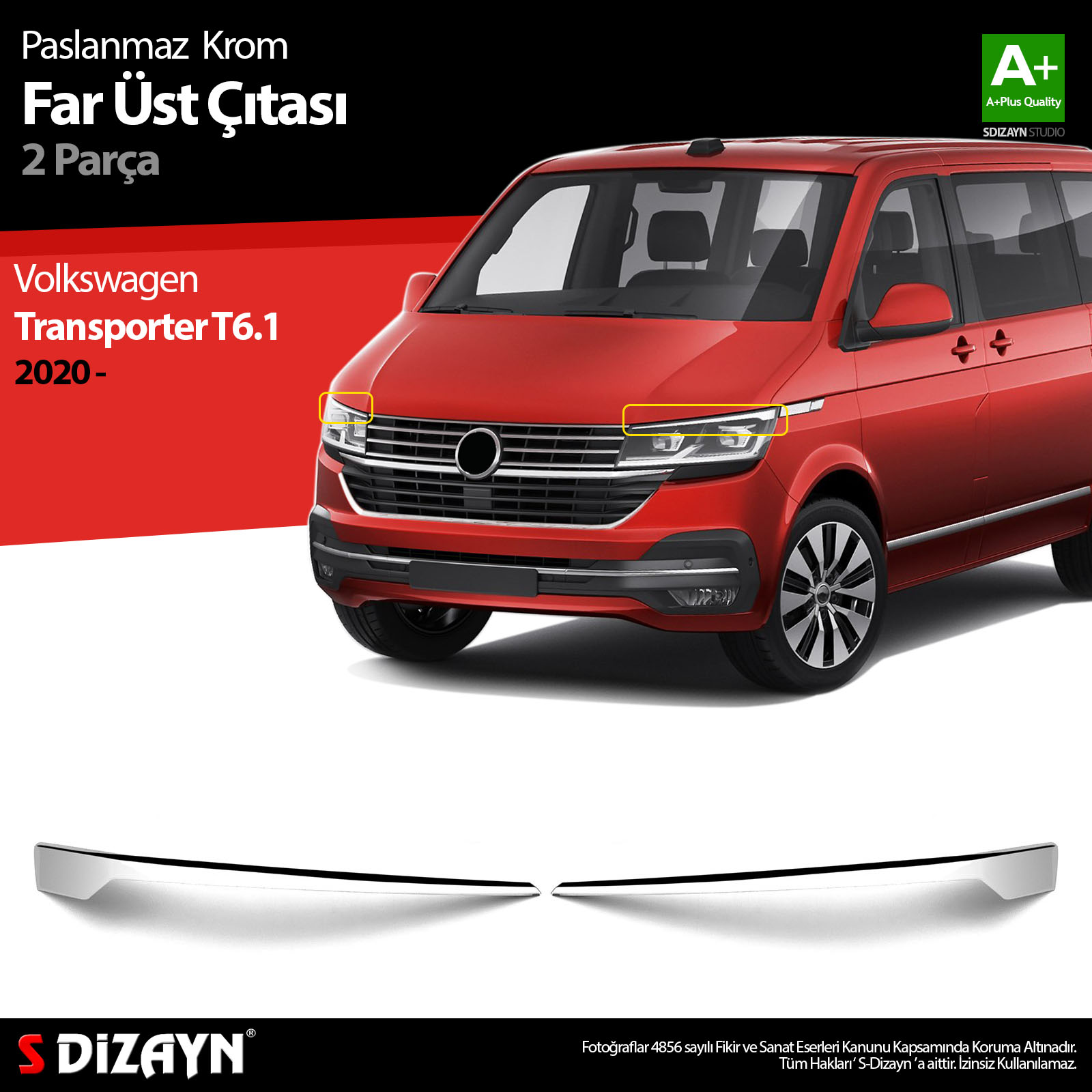 S-Dizayn VW Transporter T6.1 Krom Far Üst Çıtası 2 Prç. 2020 Üzeri