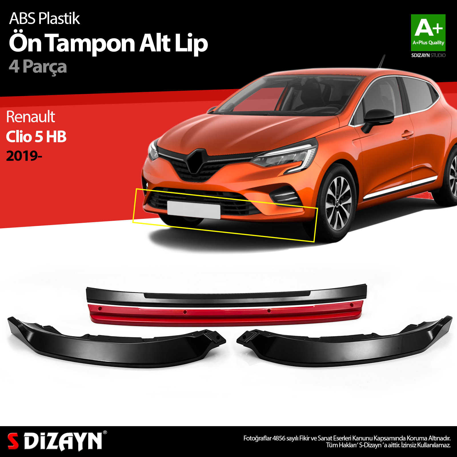 S-Dizayn Renault Clio 5 HB ABS Plastik Ön Tampon Alt Lip Kırmızı Ekli 4 Prç. 2019 Üzeri A+Kalite