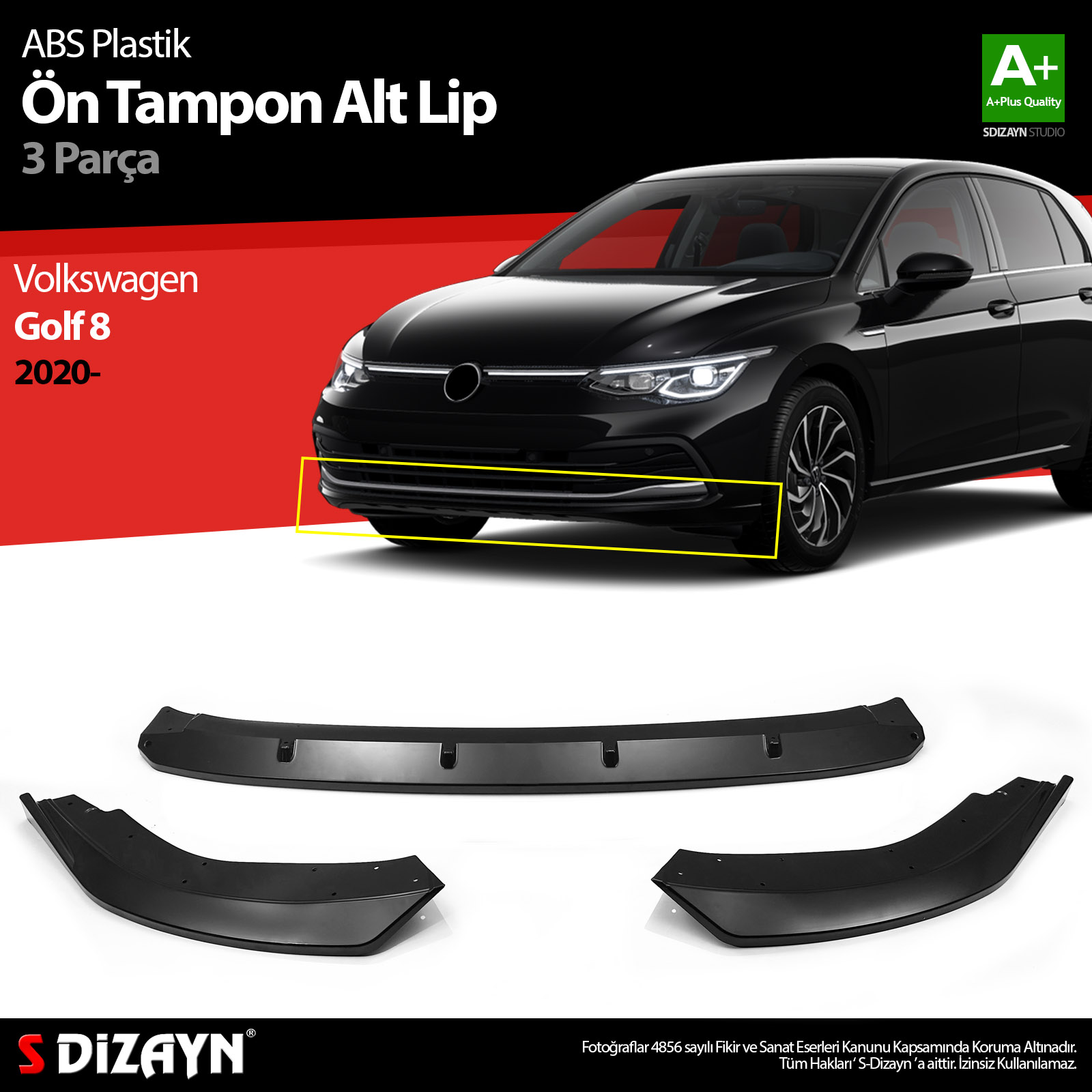 S-Dizayn VW Golf 8 ABS Plastik Ön Tampon Alt Lip 3 Prç. 2020 Üzeri A+Kalite