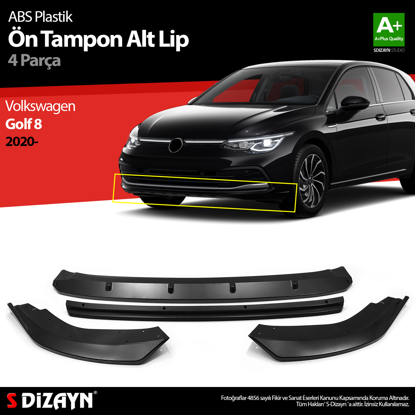 S-Dizayn VW Golf 8 ABS Plastik Ön Tampon Alt Lip Siyah Ekli 4 Prç. 2020 Üzeri A+Kalite