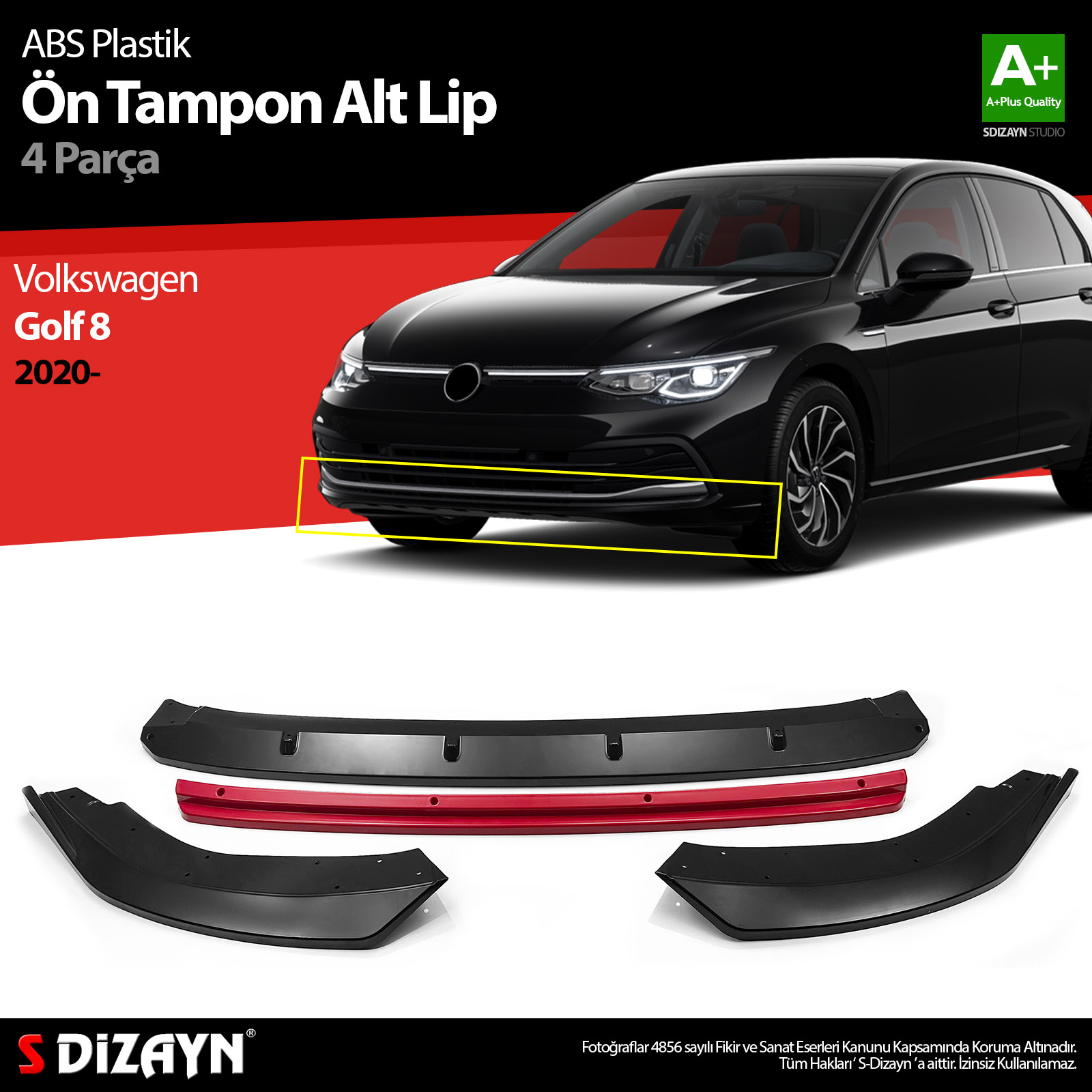 S-Dizayn VW Golf 8 ABS Plastik Ön Tampon Alt Lip Kırmızı Ekli 4 Prç. 2020 Üzeri A+Kalite