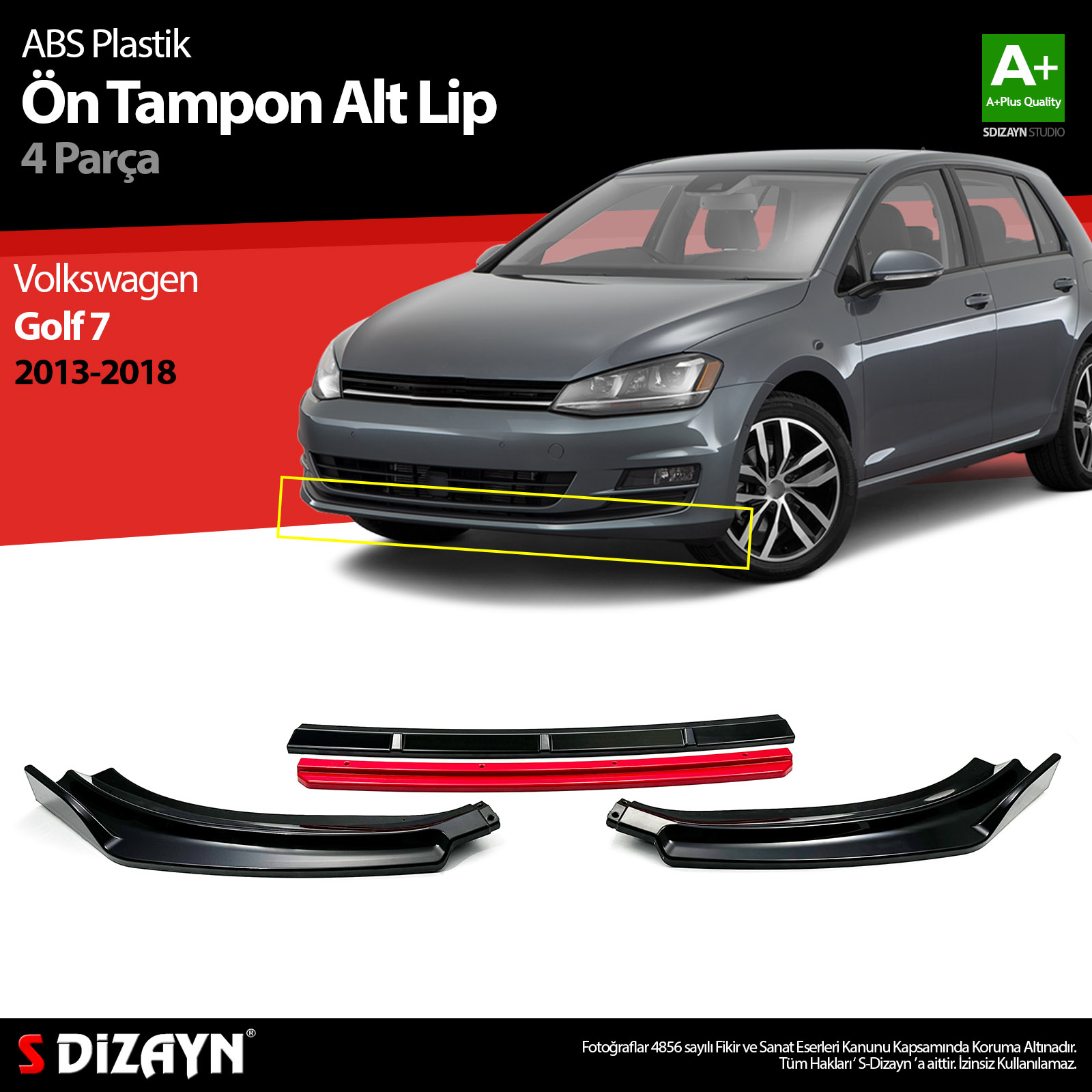 S-Dizayn VW Golf 7 ABS Plastik Ön Tampon Alt Lip Kırmızı Ekli 4 Prç. 2013-2018 A+Kalite