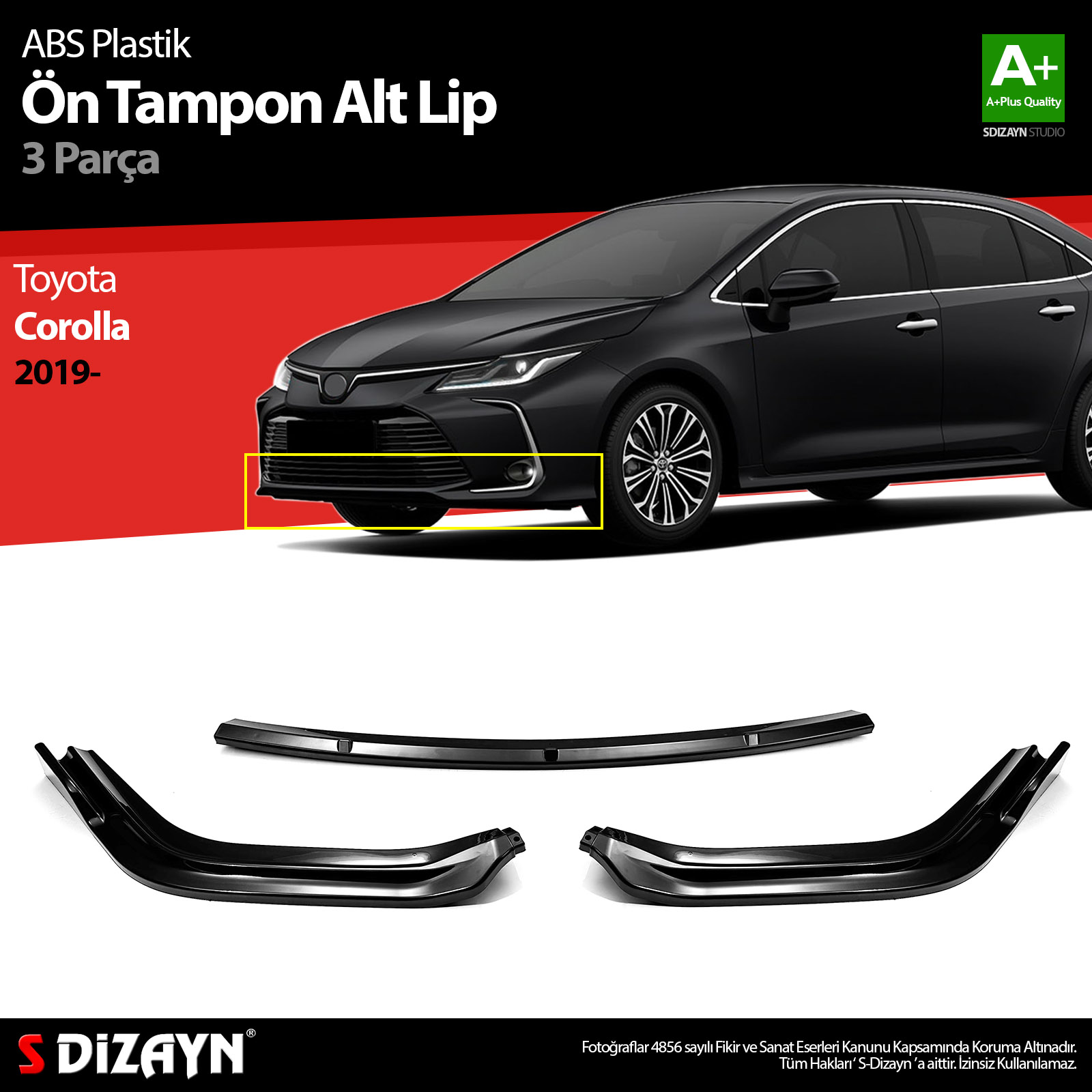 S-Dizayn Toyota Corolla ABS Plastik Ön Tampon Alt Lip 3 Prç. 2019 Üzeri A+Kalite