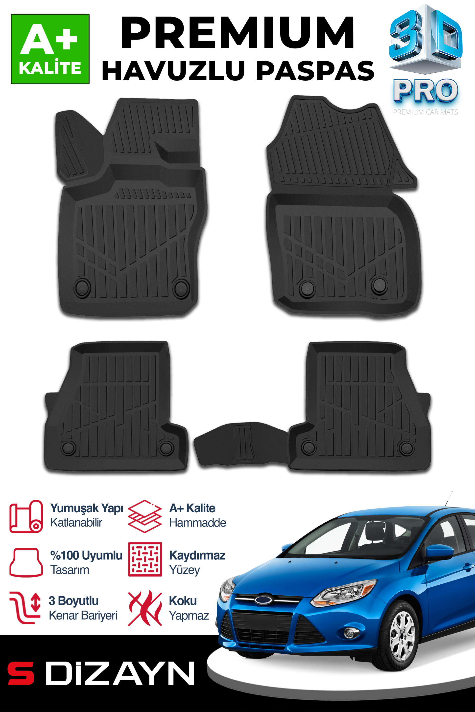 Ford Focus 3 3D Pro Havuzlu Paspas 2011-2014 1
