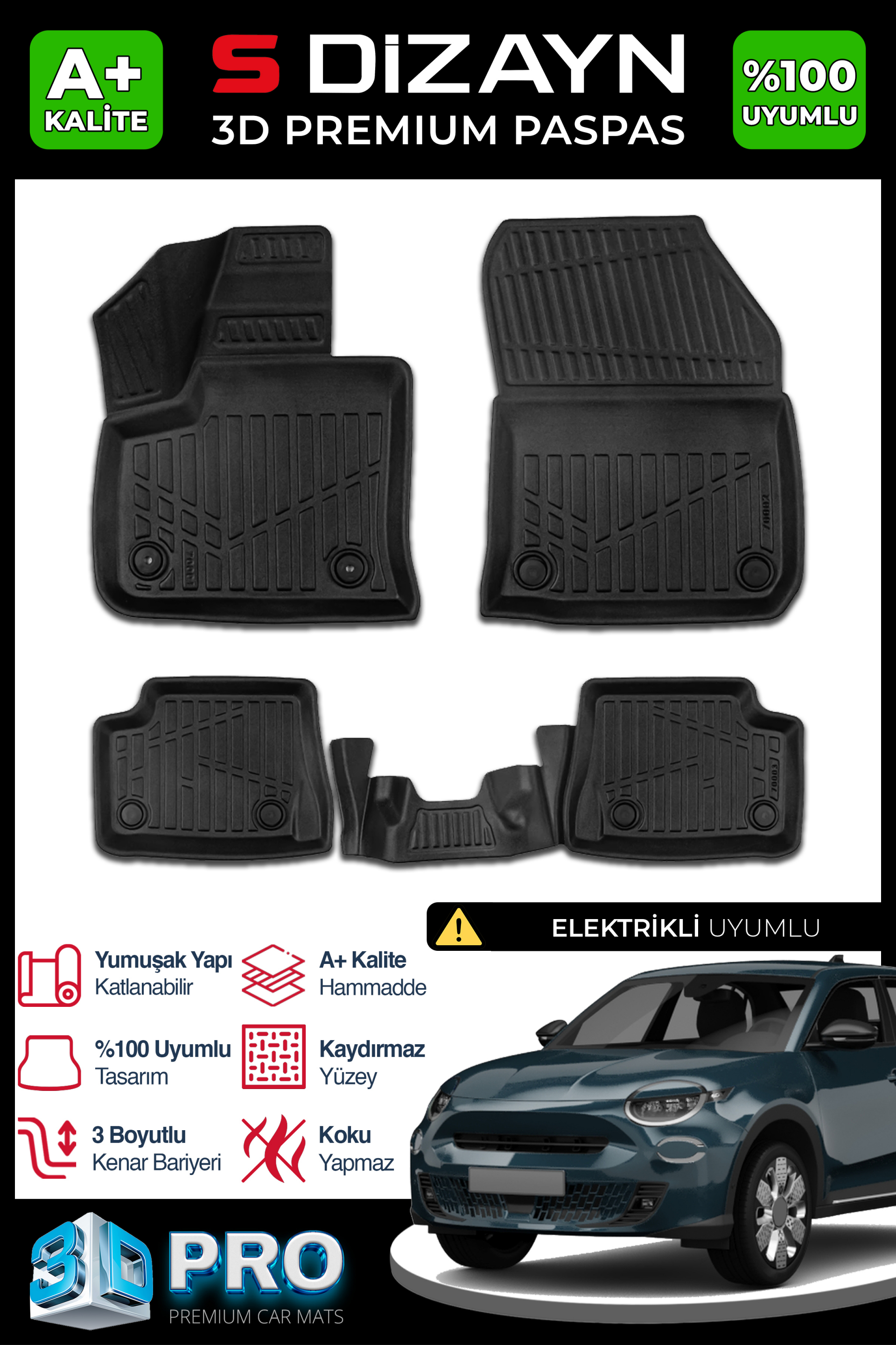 Fıat 600 Elektrikli 3D Pro Havuzlu Paspas 2024 Üzeri