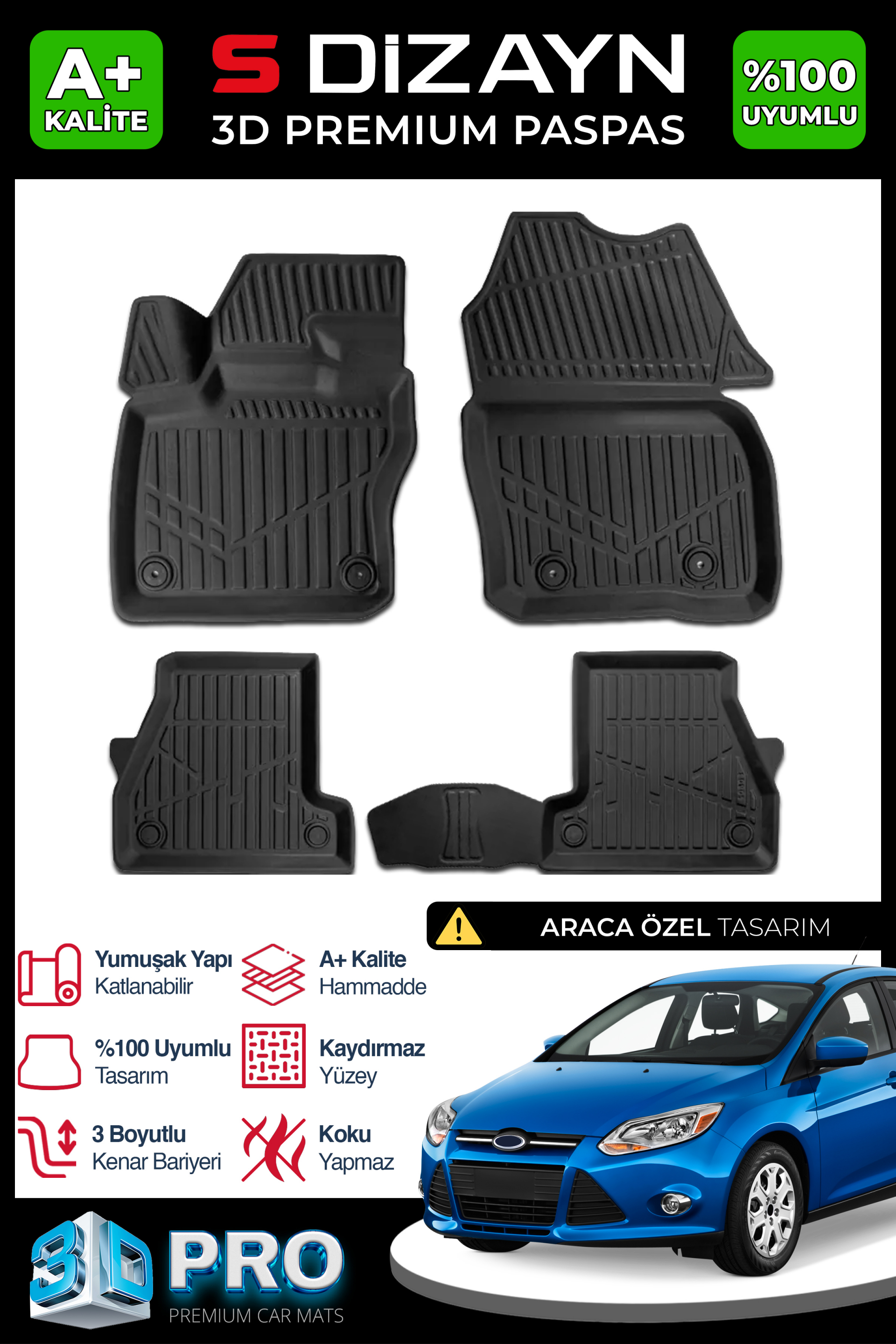 Ford Focus 3 3D Pro Havuzlu Paspas 2011-2014 1