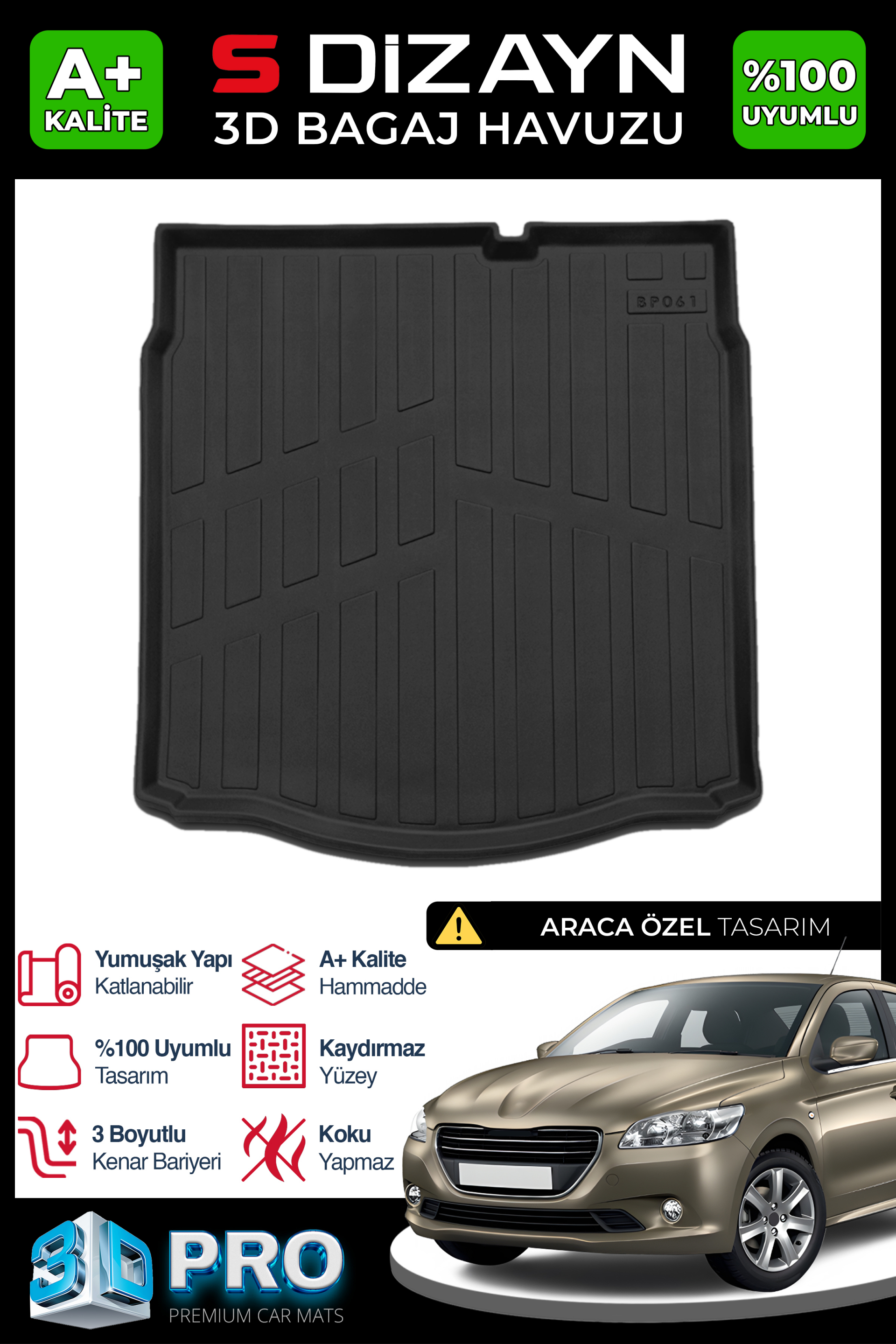Peugeot 301 3D Pro Trunk Mats Upper Trunk 2012 After A+ Quality 1