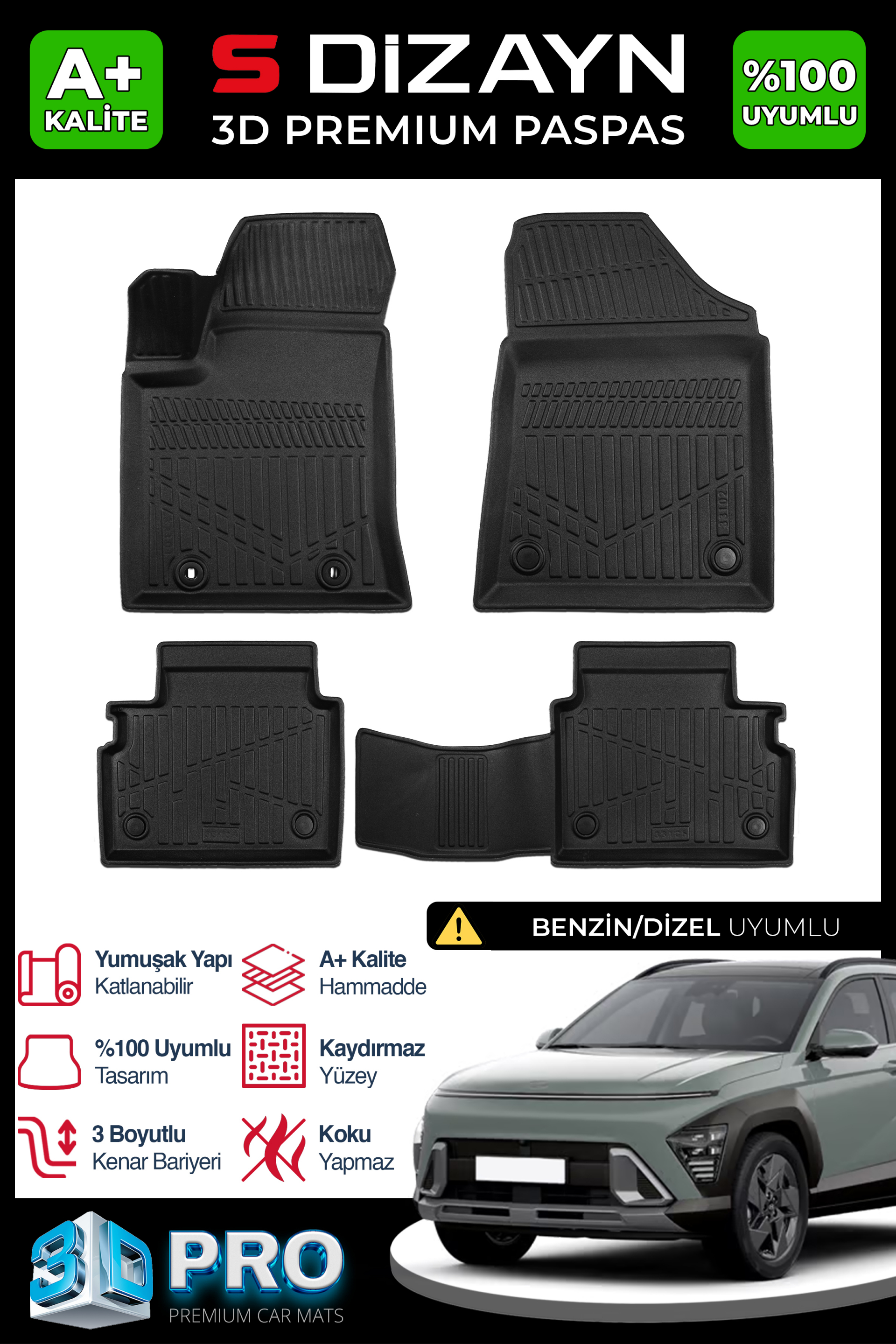 Hyundai Kona Gasoline/Diesel 3D Pro Car Mats 2024 After A+ Quality 1