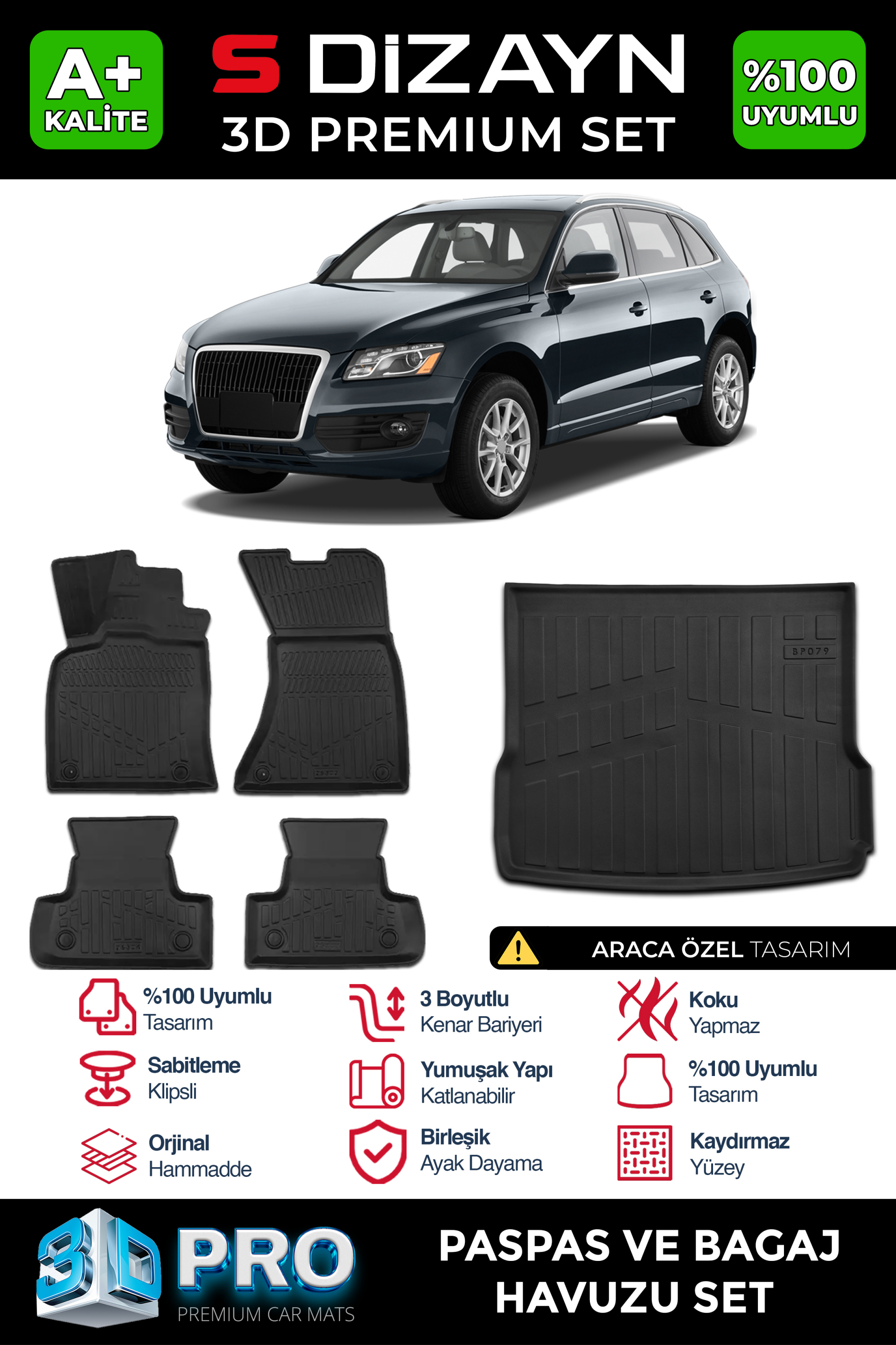 S-Dizayn Audi Q5 3D Pro Havuzlu Paspas ve Bagaj Havuzu Seti (2'li SET) 2009-2017 A+ Kalite 1