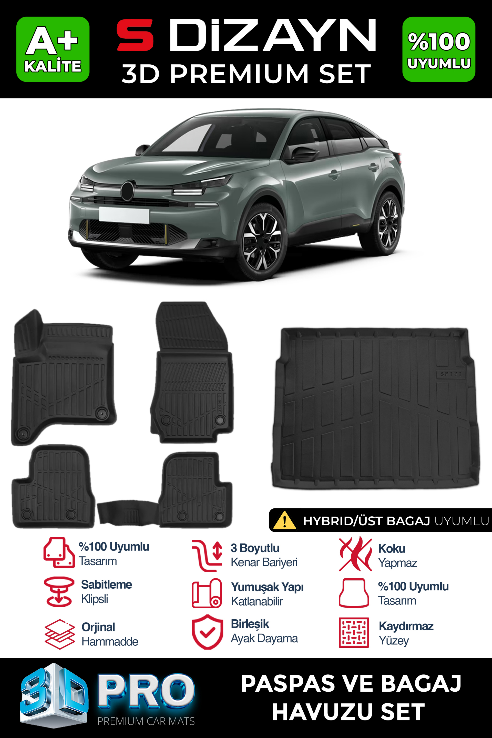 S-Dizayn Citroen C4 Hybrid 3D Pro Havuzlu Paspas ve Üst Bagaj Havuzu Seti (2'li SET) 2025 Üzeri A+ Kalite 1