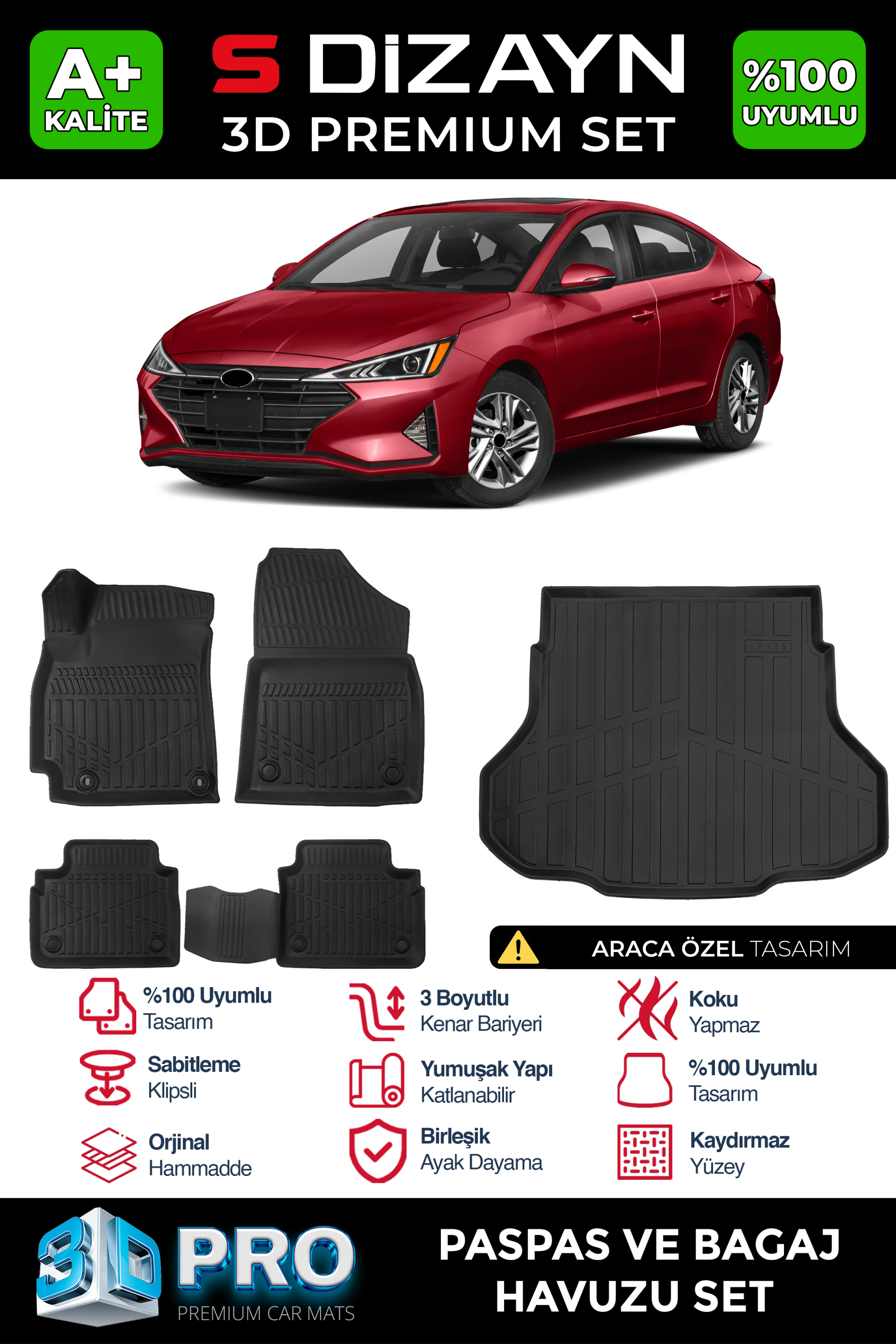 S-Dizayn Hyundai Elantra 3D Pro Havuzlu Paspas ve Bagaj Havuzu Seti (2'li SET) 2020 Üzeri A+ Kalite 1