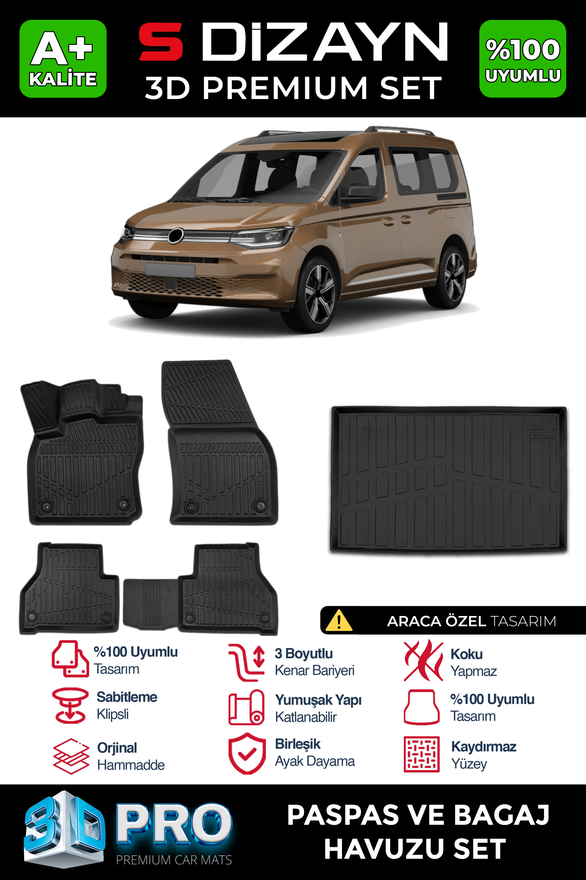 S-Dizayn VW Caddy 3D Pro Havuzlu Paspas ve Bagaj Havuzu Seti (2'li SET) 2020 Üzeri A+ Kalite 1