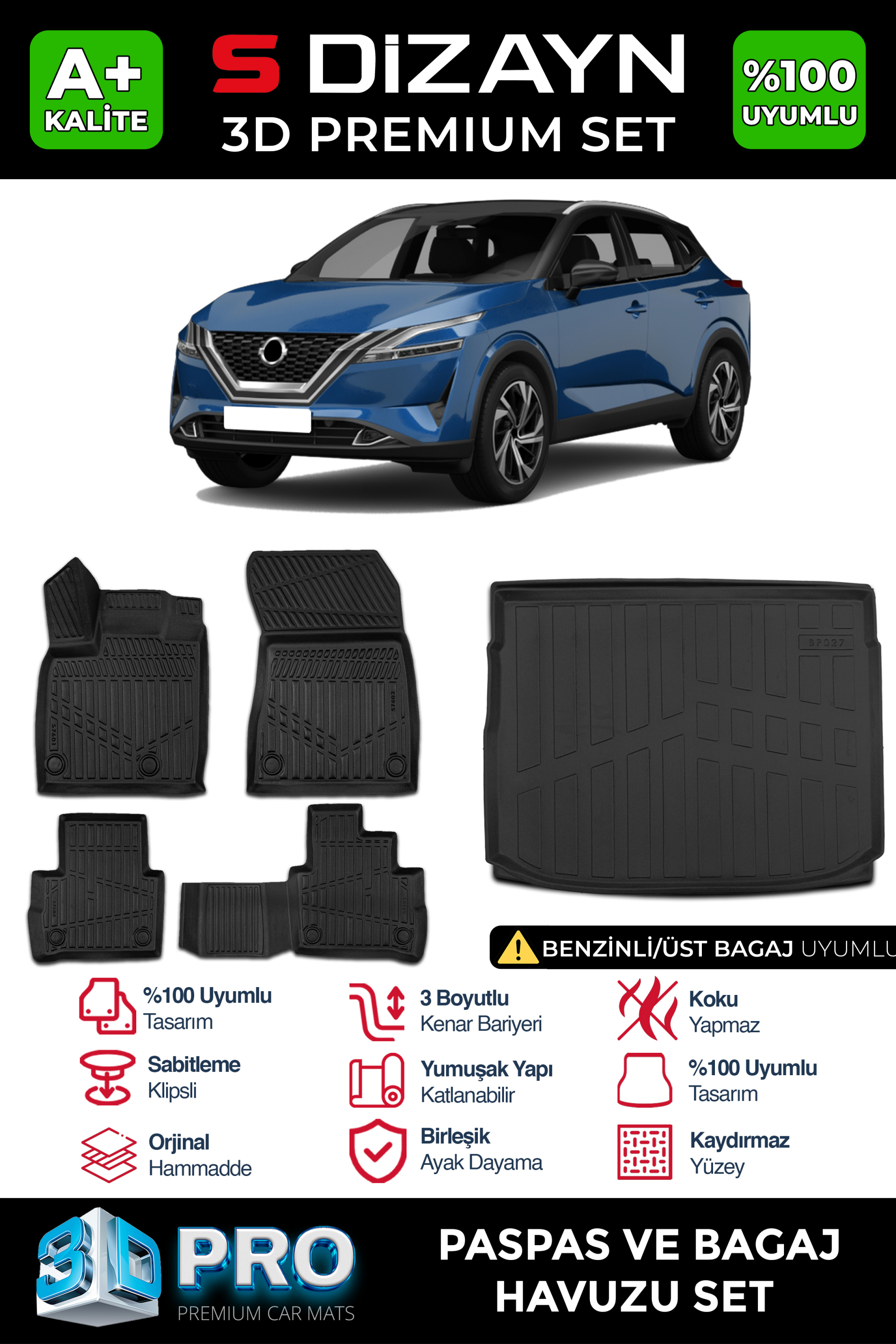 Nissan Qashqai 1.3 3D Pro Havuzlu Paspas ve Bagaj Havuzu Seti (2'li SET) 2021 Üzeri 1