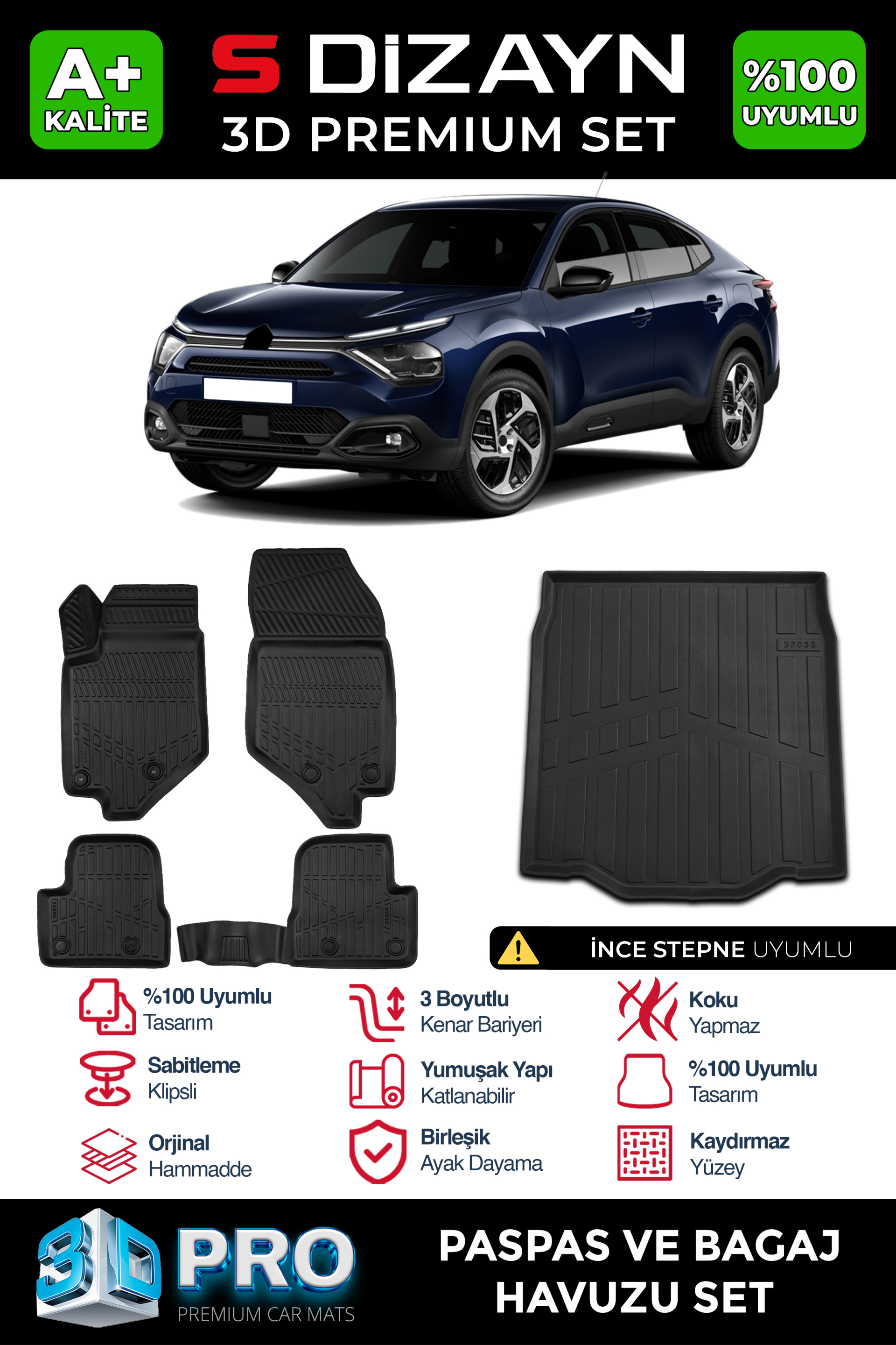 S-Dizayn Citroen C4X 3D Pro Havuzlu Paspas ve Bagaj Havuzu Seti (2'li SET) İnce Stepne 2023 Üzeri A+ Kalite 1