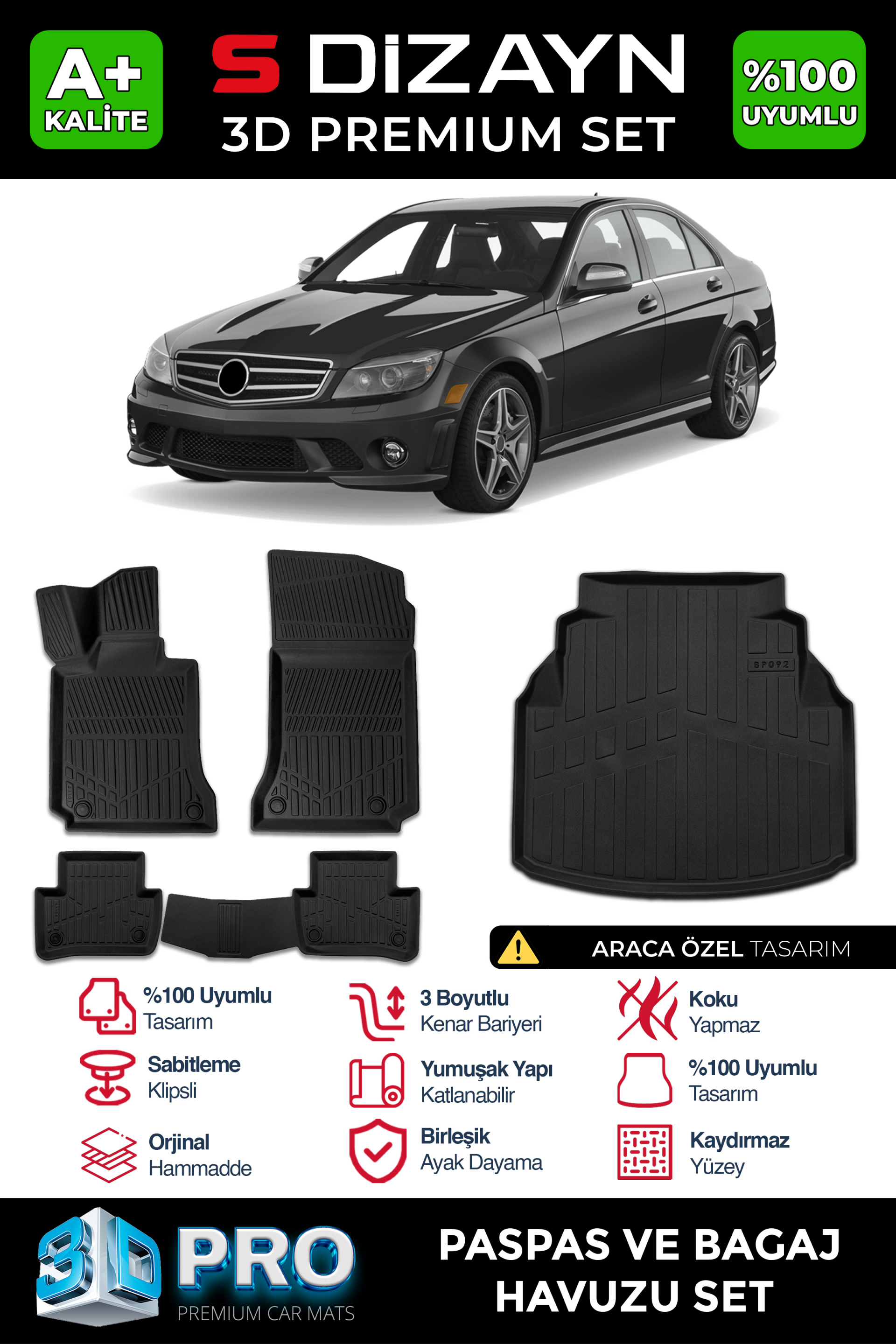 S-Dizayn Mercedes C Serisi W204 3D Pro Havuzlu Paspas ve Bagaj Havuzu Seti (2'li SET) 2007-2014 A+ Kalite 1