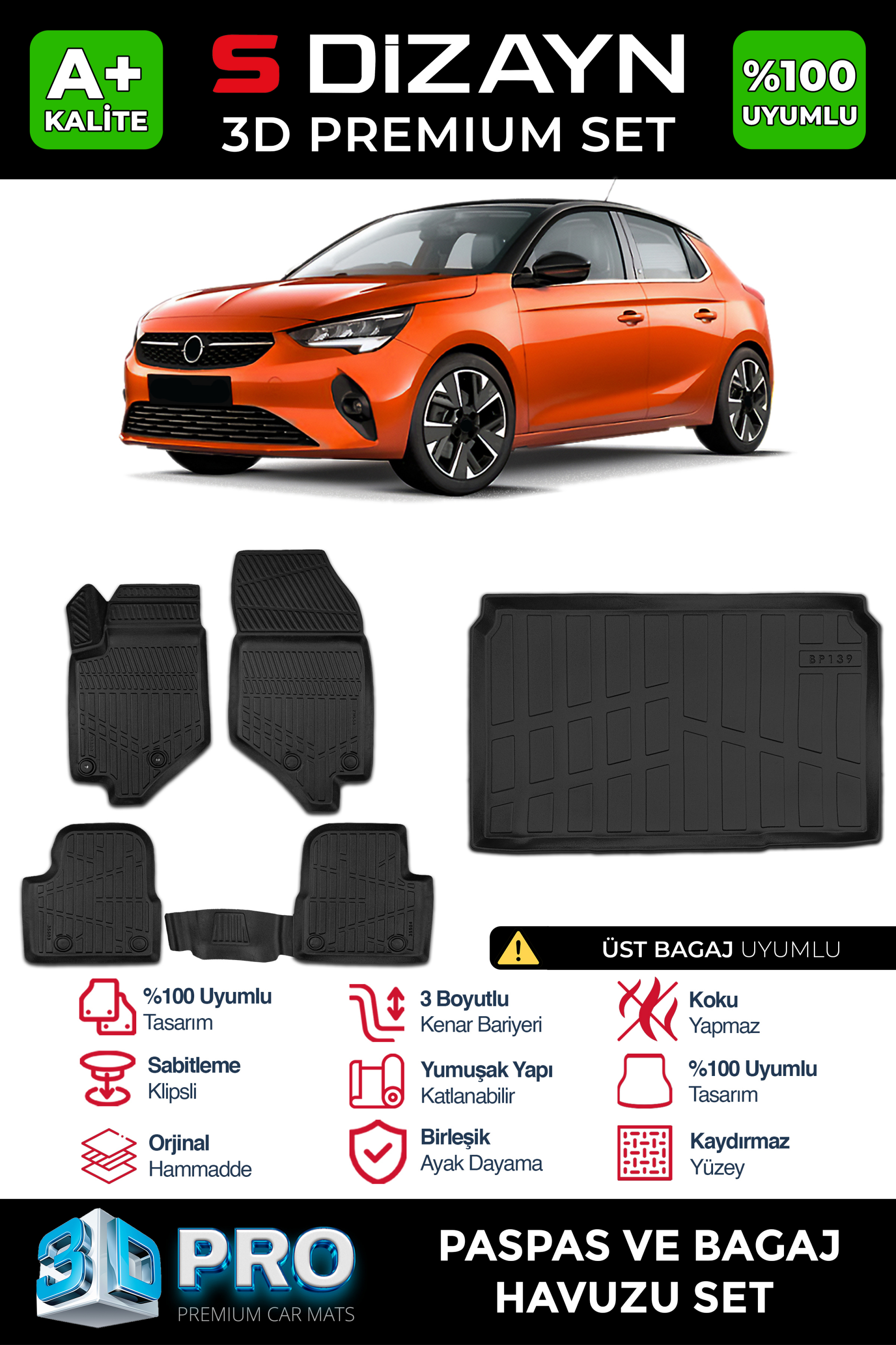 S-Dizayn Opel Corsa F 3D Pro Havuzlu Paspas ve Üst Bagaj Havuzu Seti (2'li SET) 2019 Üzeri A+ Kalite 1