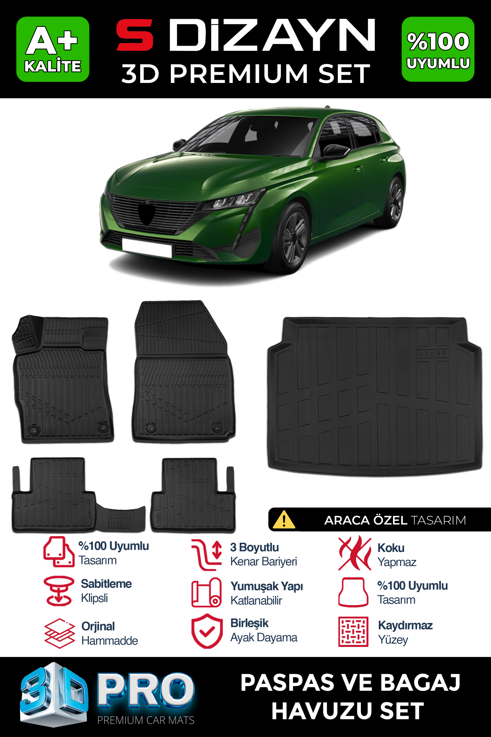 S-Dizayn Peugeot 308 3D Pro Havuzlu Paspas ve Bagaj Havuzu Seti (2'li SET) 2022 Üzeri A+ Kalite 1