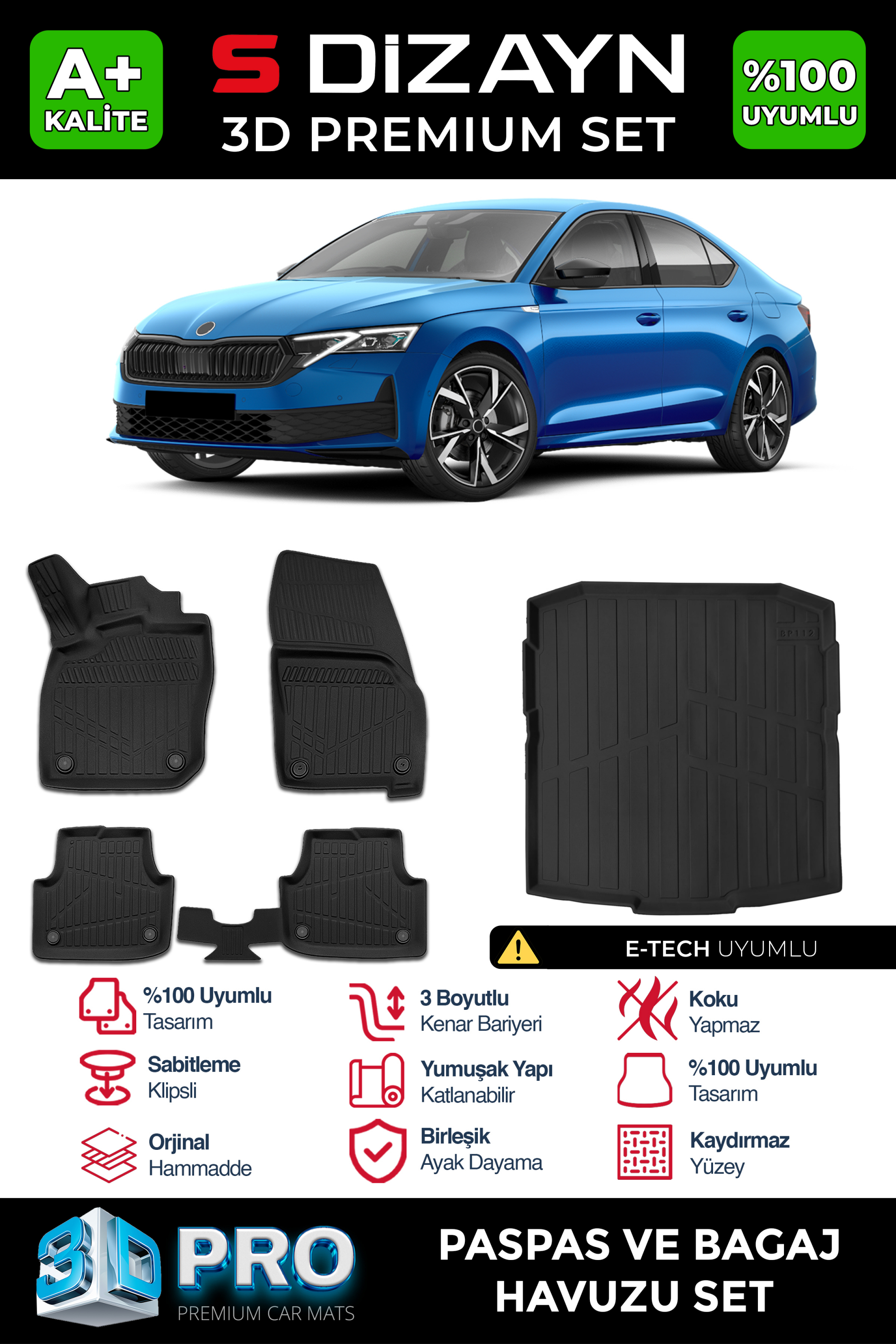 S-Dizayn Skoda Octavia 4 A8 E-Tech 3D Pro Havuzlu Paspas ve Bagaj Havuzu Seti (2'li SET) 2024 Üzeri A+ Kalite 1