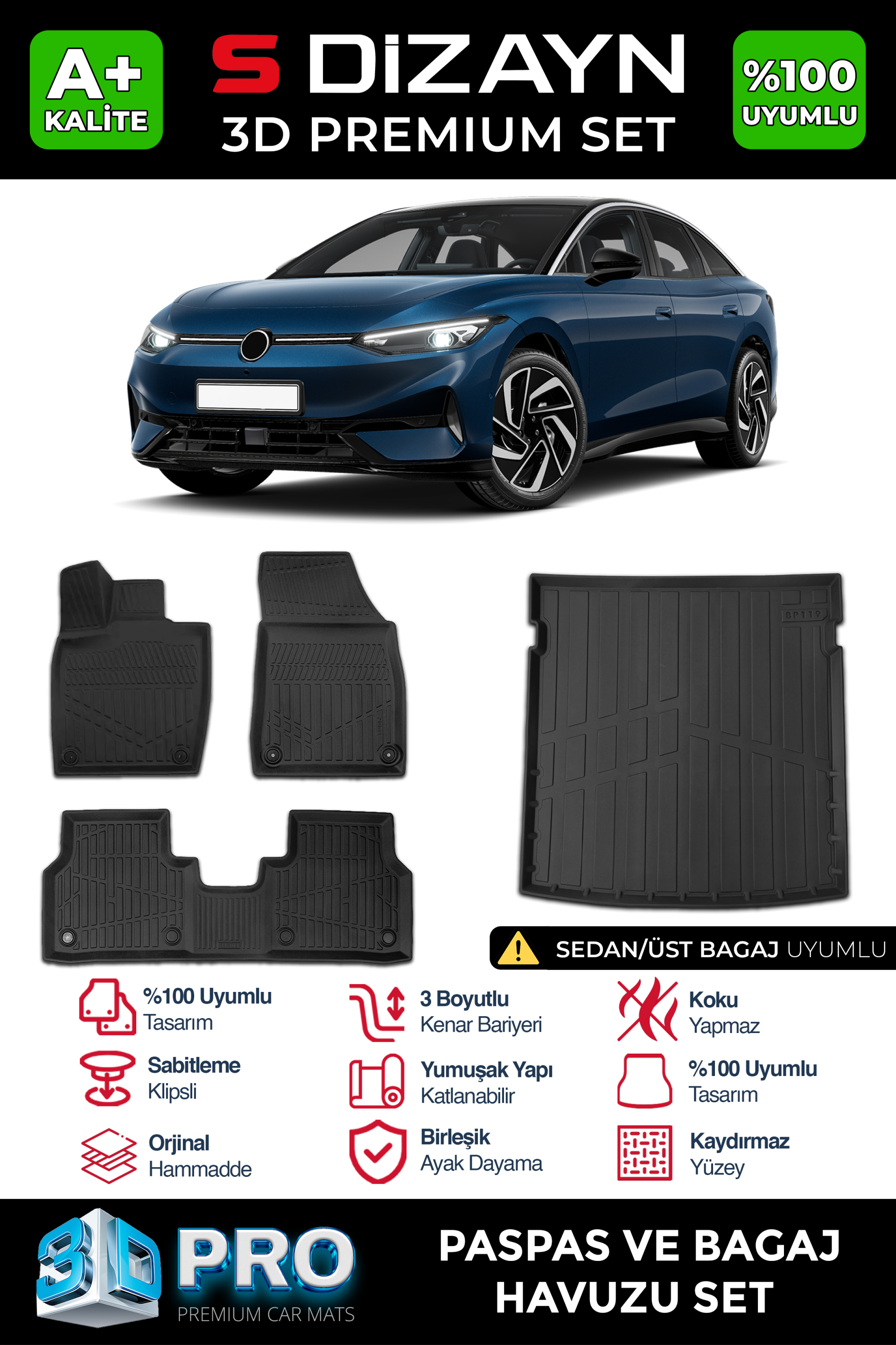 S-Dizayn VW ID7 D Pro Havuzlu Paspas ve Bagaj Havuzu Seti (2'li SET) 2023 Üzeri A+ Kalite 1