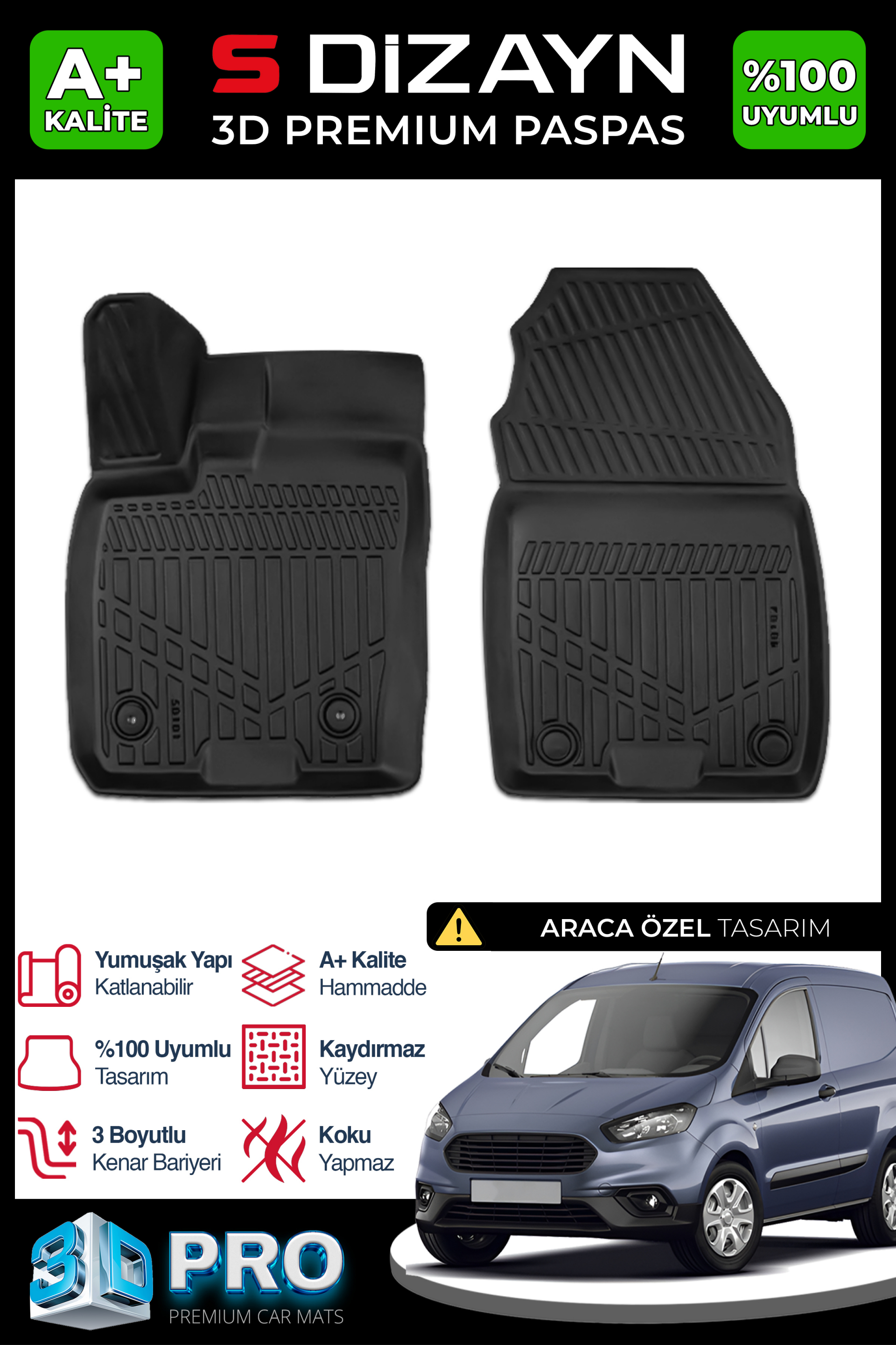 Ford Courier Panelvan Ön 2'li 3D Pro Havuzlu Paspas 2014-2024 1