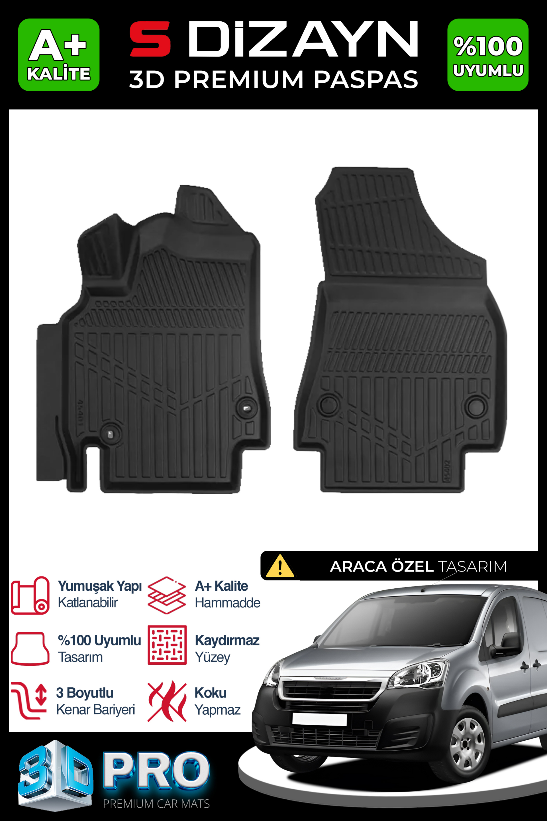 Peugeot Partner Panelvan Ön 2'li 3D Pro Havuzlu Paspas 2008-2018 1