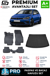 S-Dizayn VW Golf 7 3D Pro Havuzlu Paspas ve Bagaj Havuzu Seti (2'li SET) 2012-2020 A+ Kalite