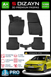 S-Dizayn VW Golf 8 Otomatik 3D Pro Havuzlu Paspas 2021-2024 A+ Kalite