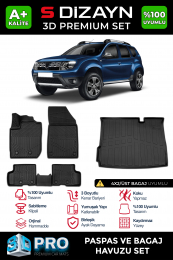 S-Dizayn Dacia Duster 4X2 3D Pro Havuzlu Paspas ve Üst Bagaj Havuzu Seti (2'li SET) 2018-2022 A+ Kalite