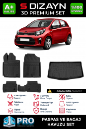S-Dizayn Kia Picanto 3D Pro Havuzlu Paspas ve Bagaj Havuzu Seti (2'li SET) 2017 Üzeri A+ Kalite