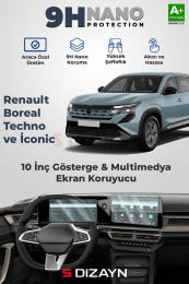 S-Dizayn Renault Boreal Techno ve İconic 9H Nano 10 İnç Gösterge ve Multimedya Ekran Koruyucu 2'Li Set (PARLAK) 2025 Üzeri A+ Kalite