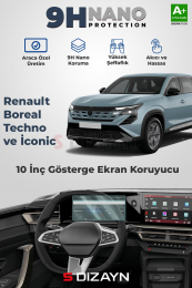 S-Dizayn Renault Boreal Techno ve İconic 10 İnç 9H Nano Gösterge Ekran Koruyucu (PARLAK) 2025 Üzeri A+ Kalite
