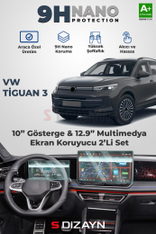 S-Dizayn VW Tiguan 3 10 İnç Gösterge ve 12.9 İnç Multimedya 9H Nano Ekran Koruyucu 2'Li Set (PARLAK) 2024 Üzeri A+ Kalite