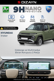 S-Dizayn Hyundai Inster 10.25 ve 10.25 İnç 9H Nano Gösterge ve Multimedya Ekran Koruyucu 2'Li Set (PARLAK) 2024 Üzeri A+ Kalite